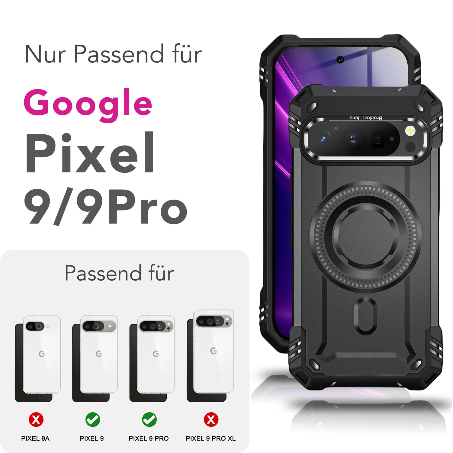 Custodia nera e smartphone. Testo: Google Pixel 9/9Pro. Compatibile con Pixel 9 e 9 Pro.