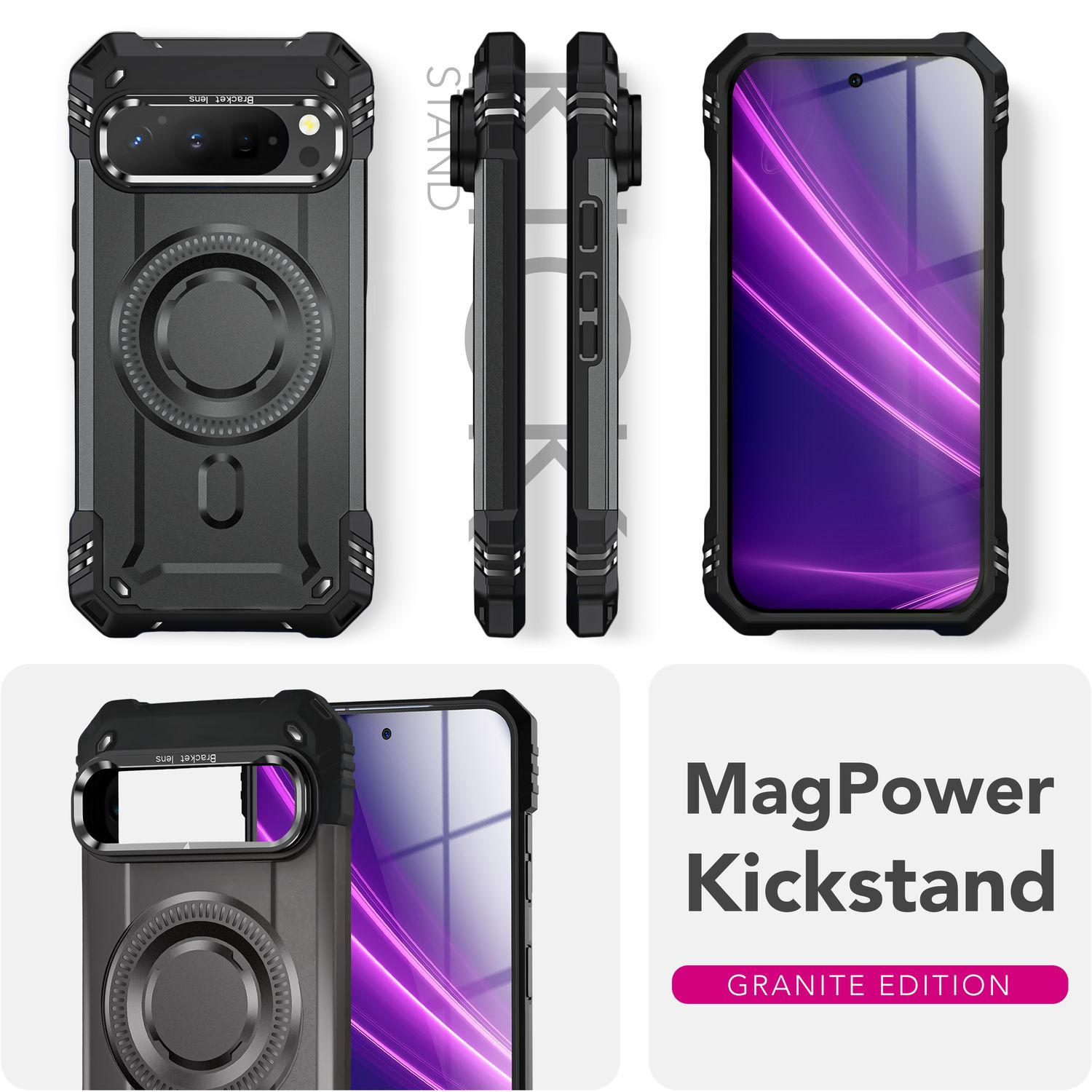 Custodia nera in diverse viste. Testo: MagPower Kickstand - Granite Edition.
