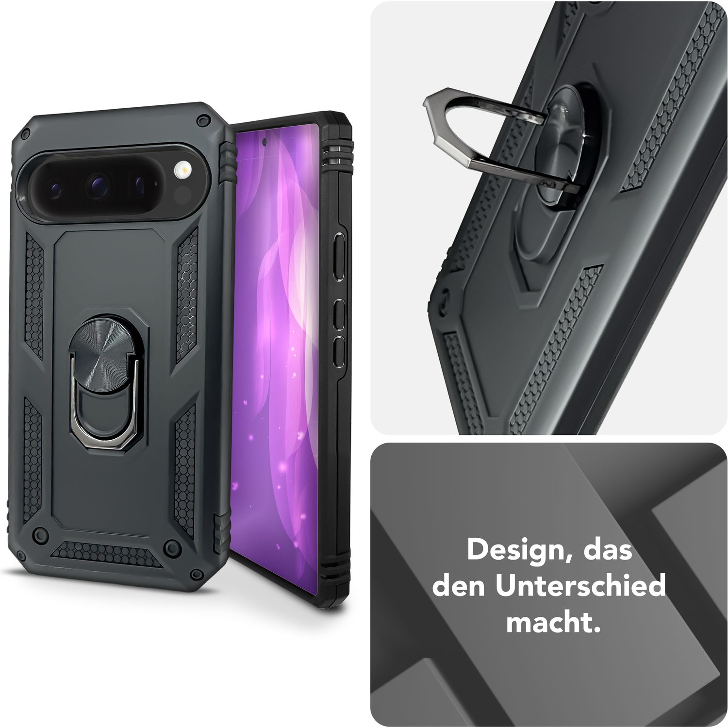 Custodia nera con anello e telefono. Testo: Design, das den Unterschied macht.