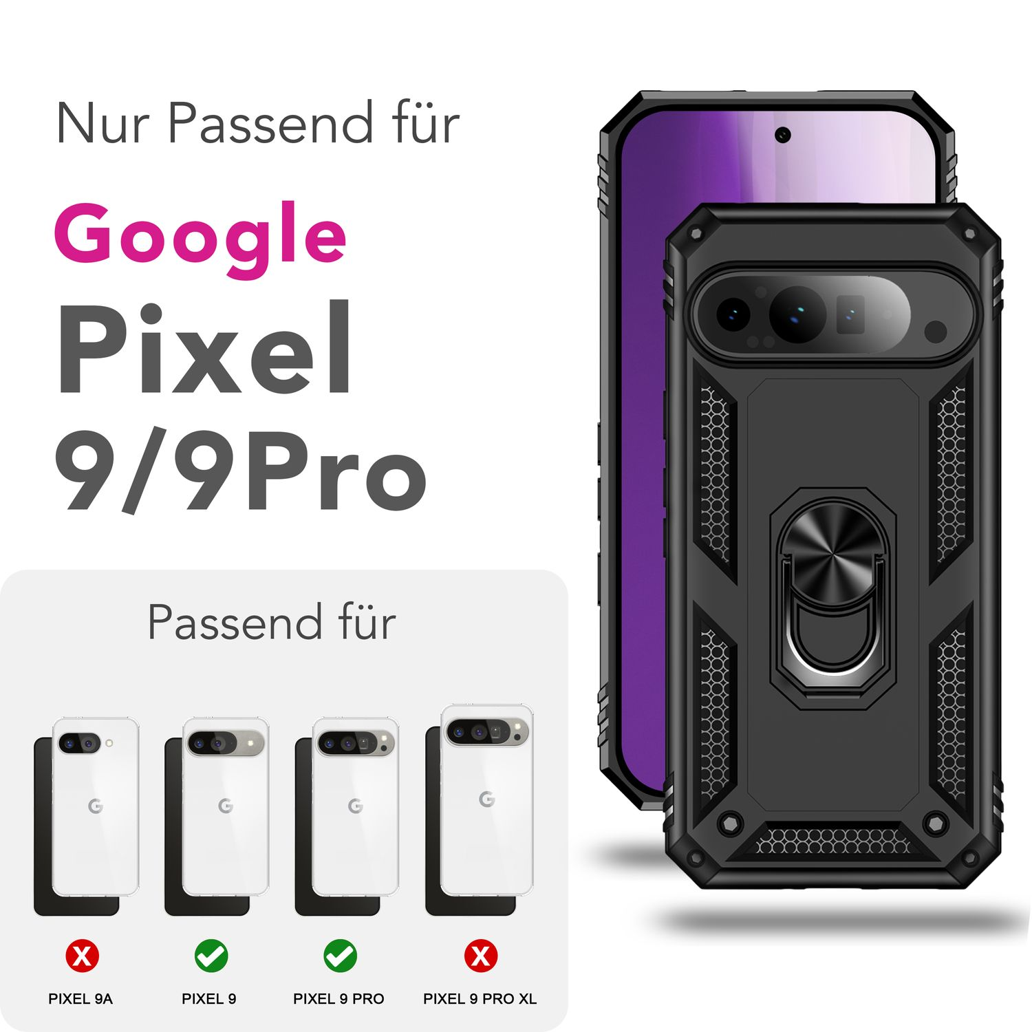 Una custodia per telefono nera con un supporto ad anello e un telefono all'interno. Viene visualizzato il testo 'Google Pixel 9/9Pro'.