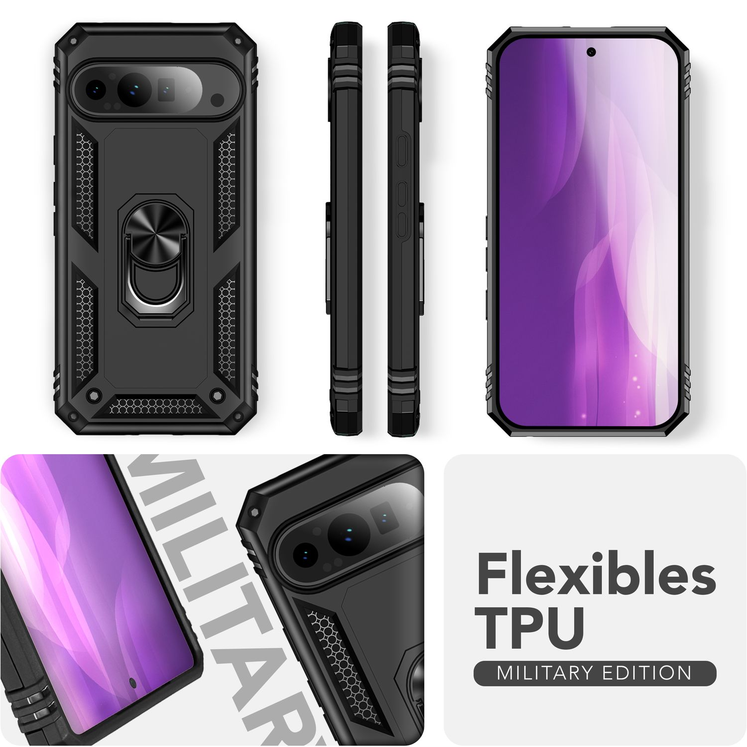 Custodia nera con telefono. Testo: Flexibles TPU - Military Edition.