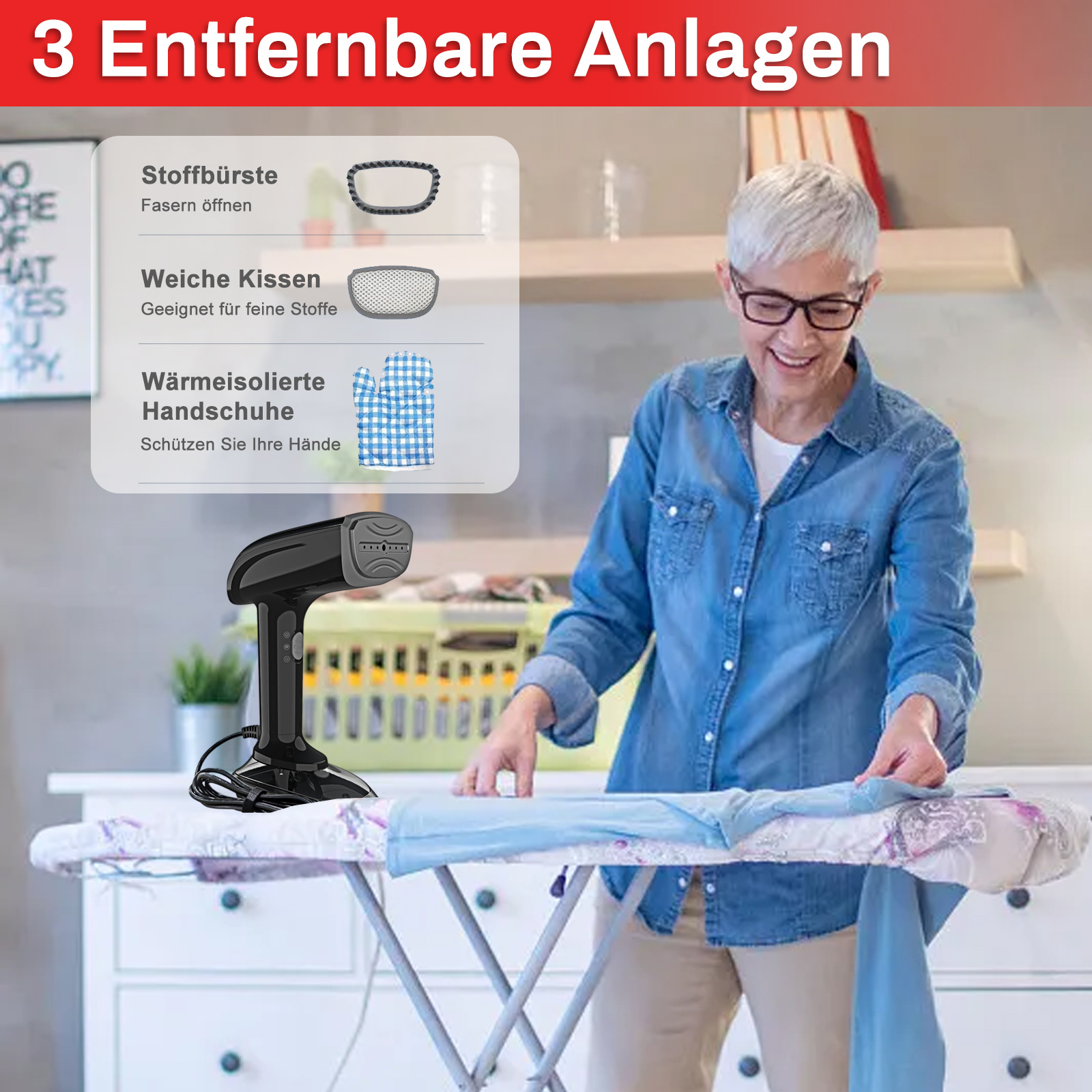 Eine Frau bügelt auf einem Bügelbrett, mit einem Dampfgarer und Zubehör daneben.