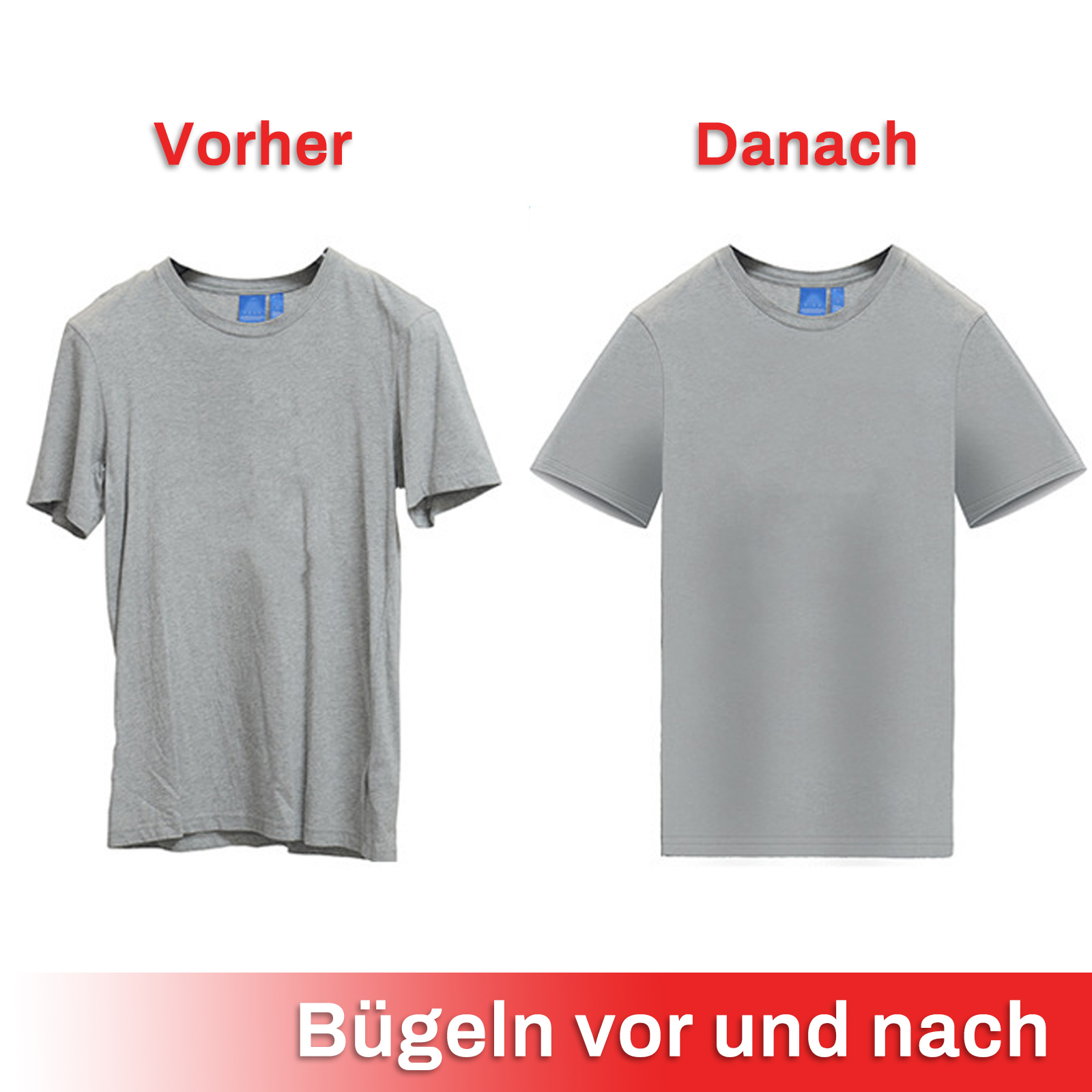 Zwei graue T-Shirts, eines zerknittert und eines glatt, nebeneinander. Text: Bügeln vor und nach.