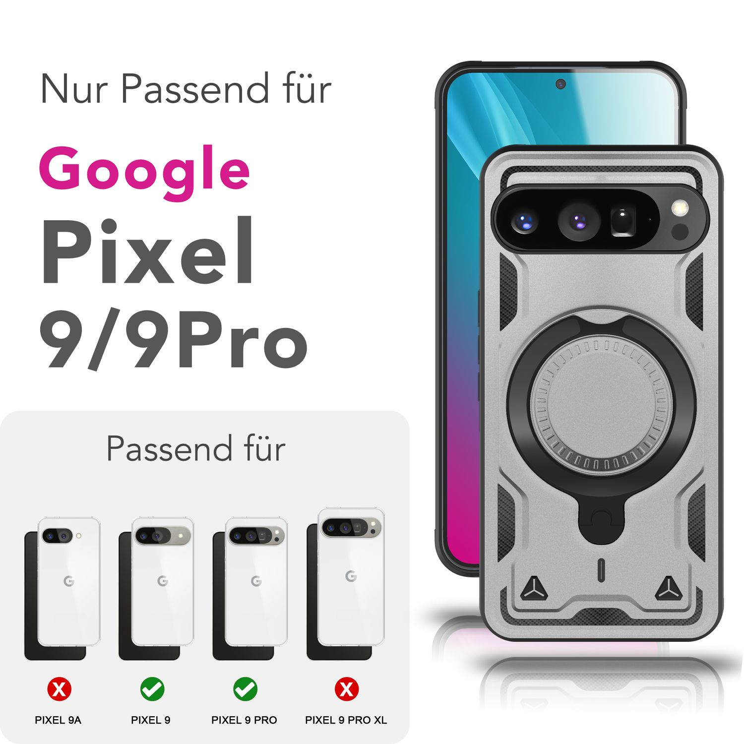 Custodia grigia e smartphone. Testo: Google Pixel 9/9Pro. Compatibile con Pixel 9 e 9 Pro.