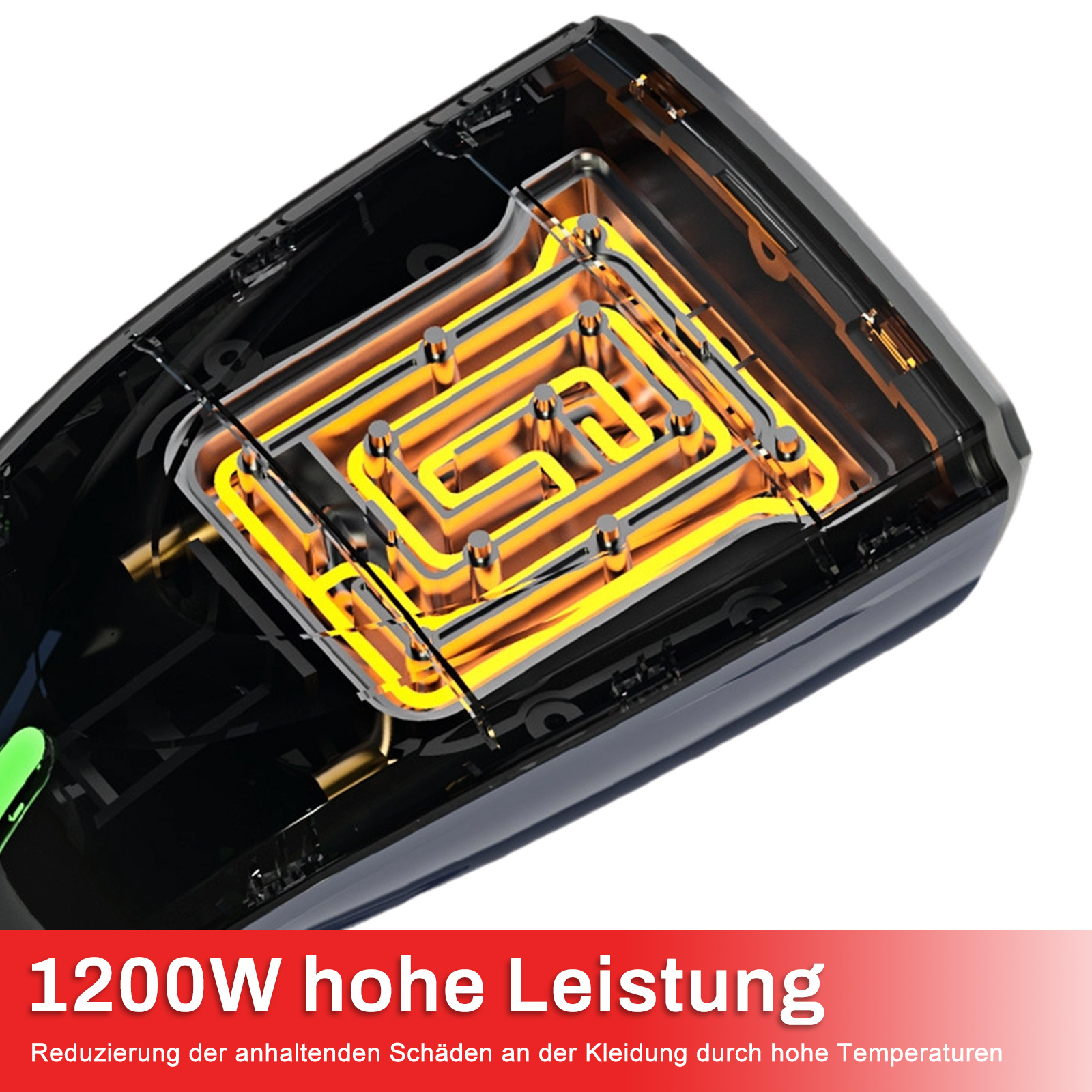Nahaufnahme eines schwarzen Geräteinneren mit gelben Heizelementen.