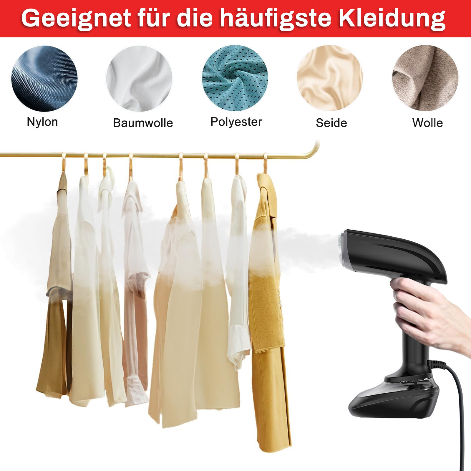 Tragbarer Steamer und Kleidung auf Kleiderbügeln. Text: Geeignet für die häufigste Kleidung.