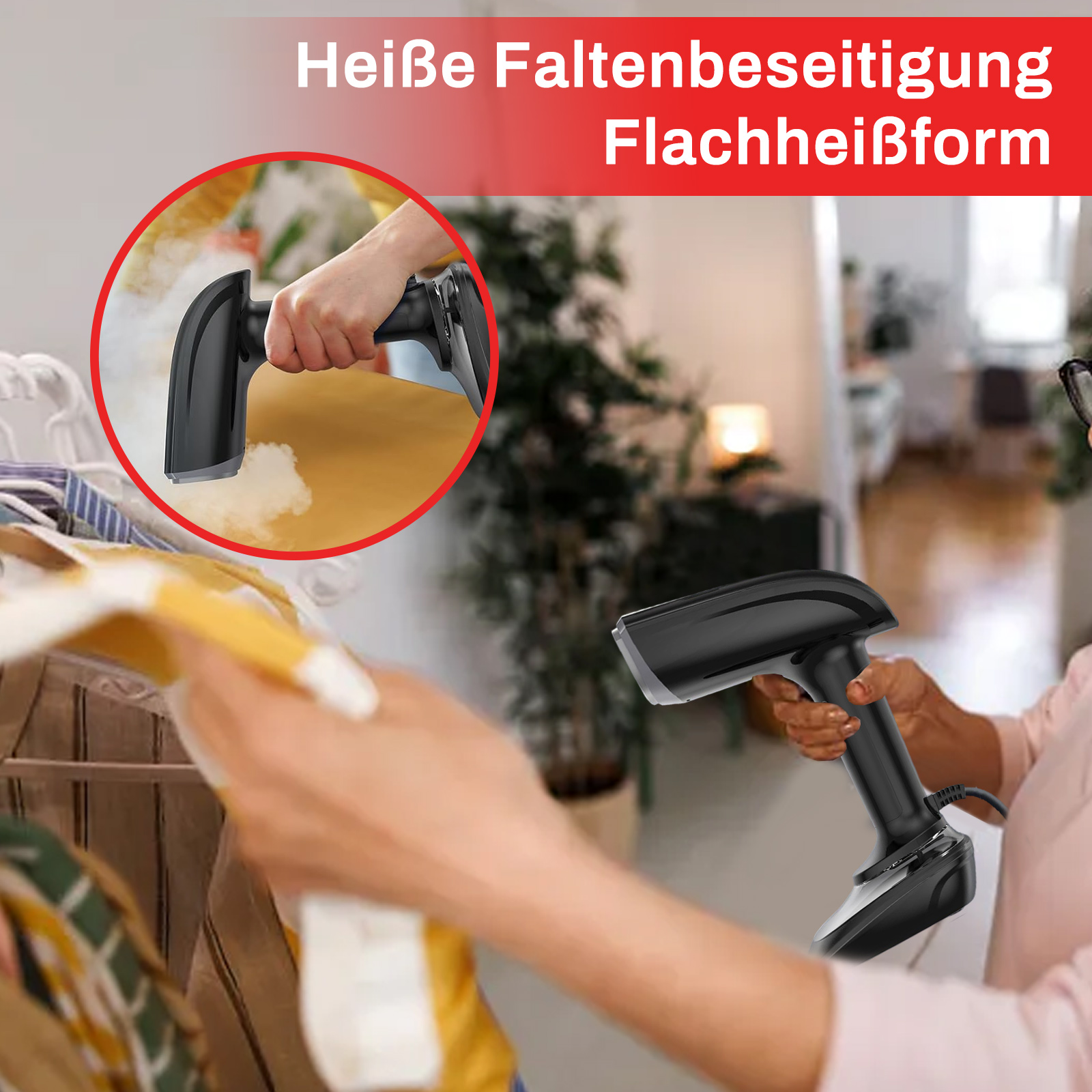 Eine Frau dämpft Kleidung mit einem Kleidungsdämpfer. Eine Nahaufnahme des Dampfers ist ebenfalls zu sehen.