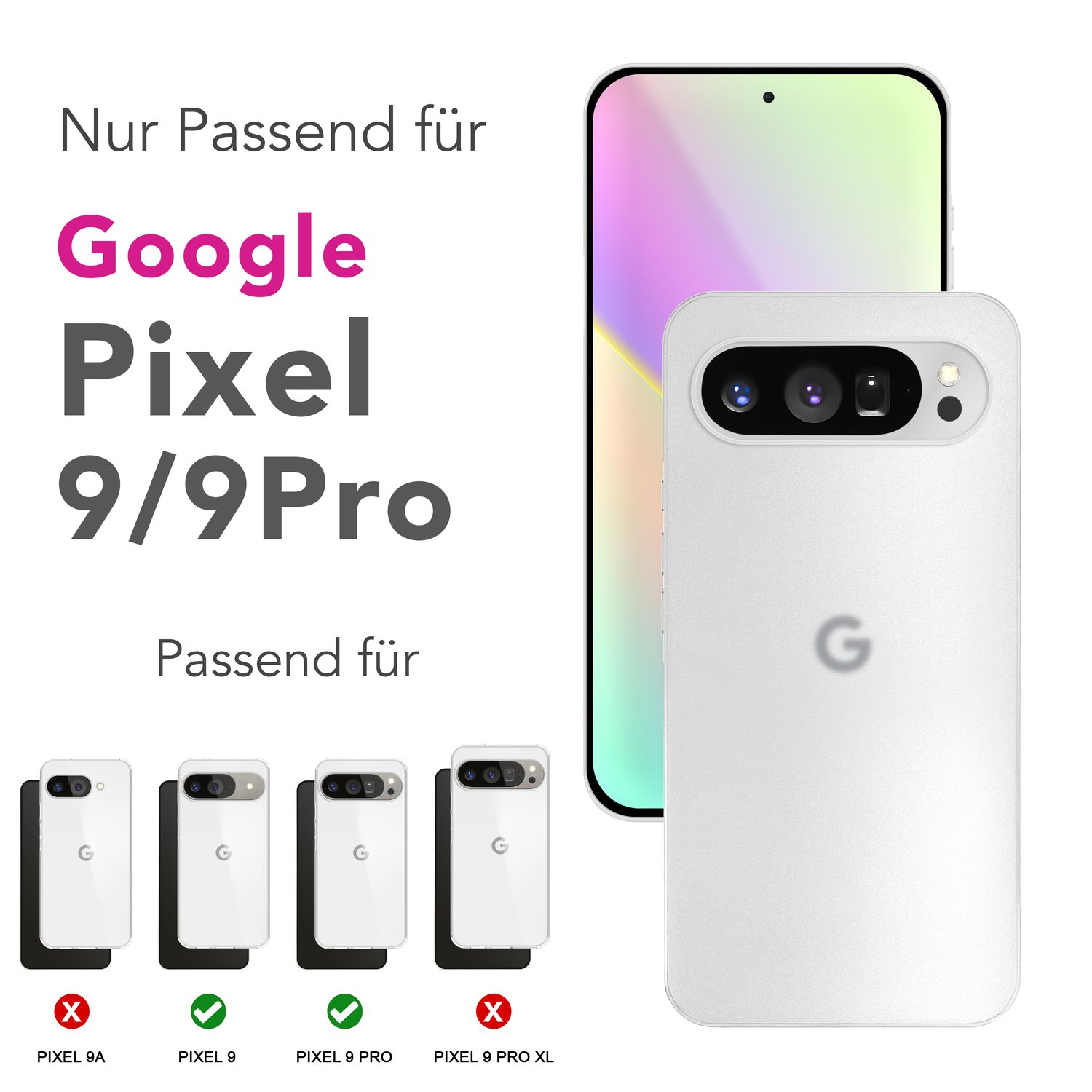 Una custodia bianca per telefono con un telefono bianco e la scritta 'Google Pixel 9/9 Pro'.