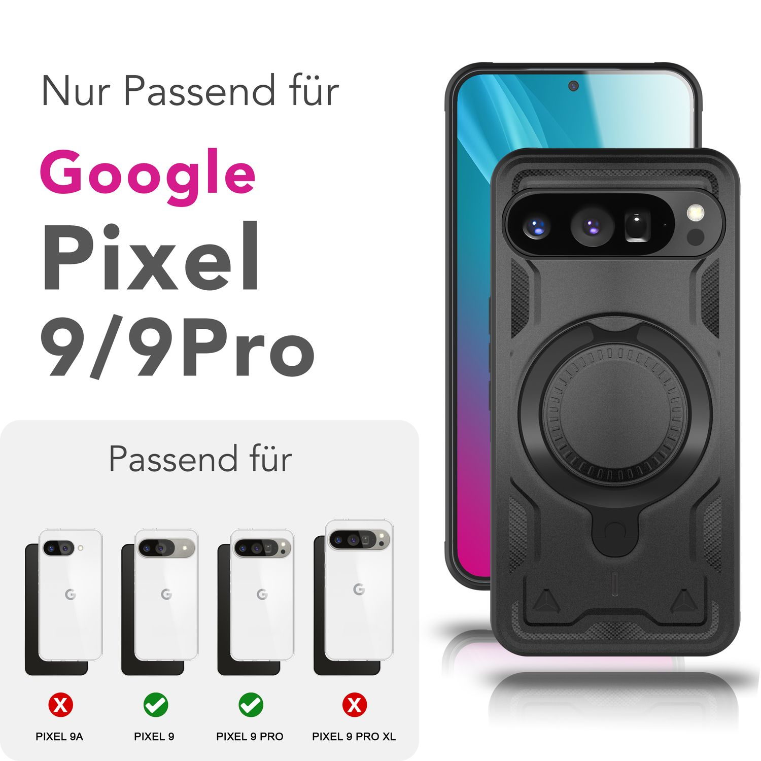 Schwarze Handyhülle mit Telefon. Text: 'Nur Passend für Google Pixel 9/9 Pro'. Kompatible Telefonmodelle werden gezeigt.