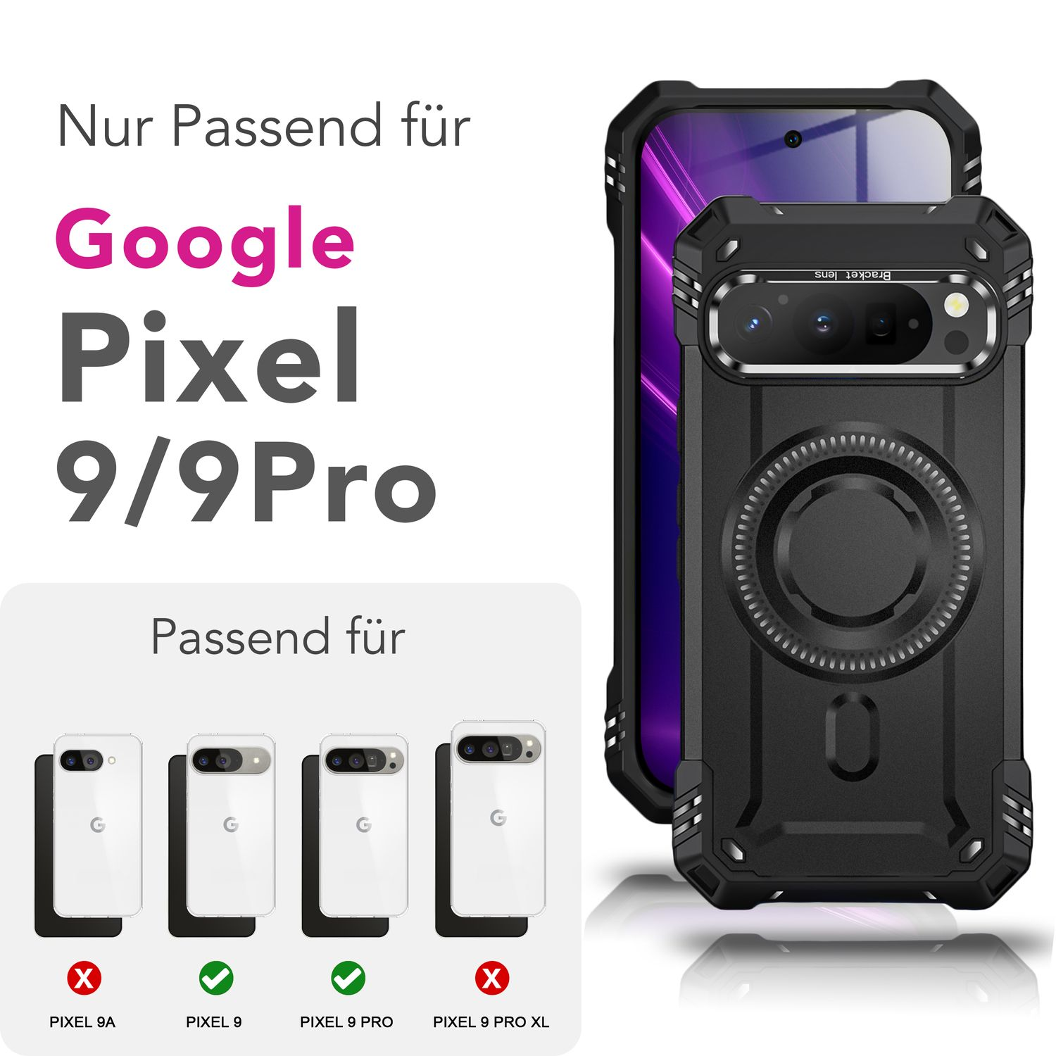 Custodia nera per telefono con telefono. Testo: 'Nur Passend für Google Pixel 9/9 Pro'. Vengono mostrati i modelli di telefono compatibili.