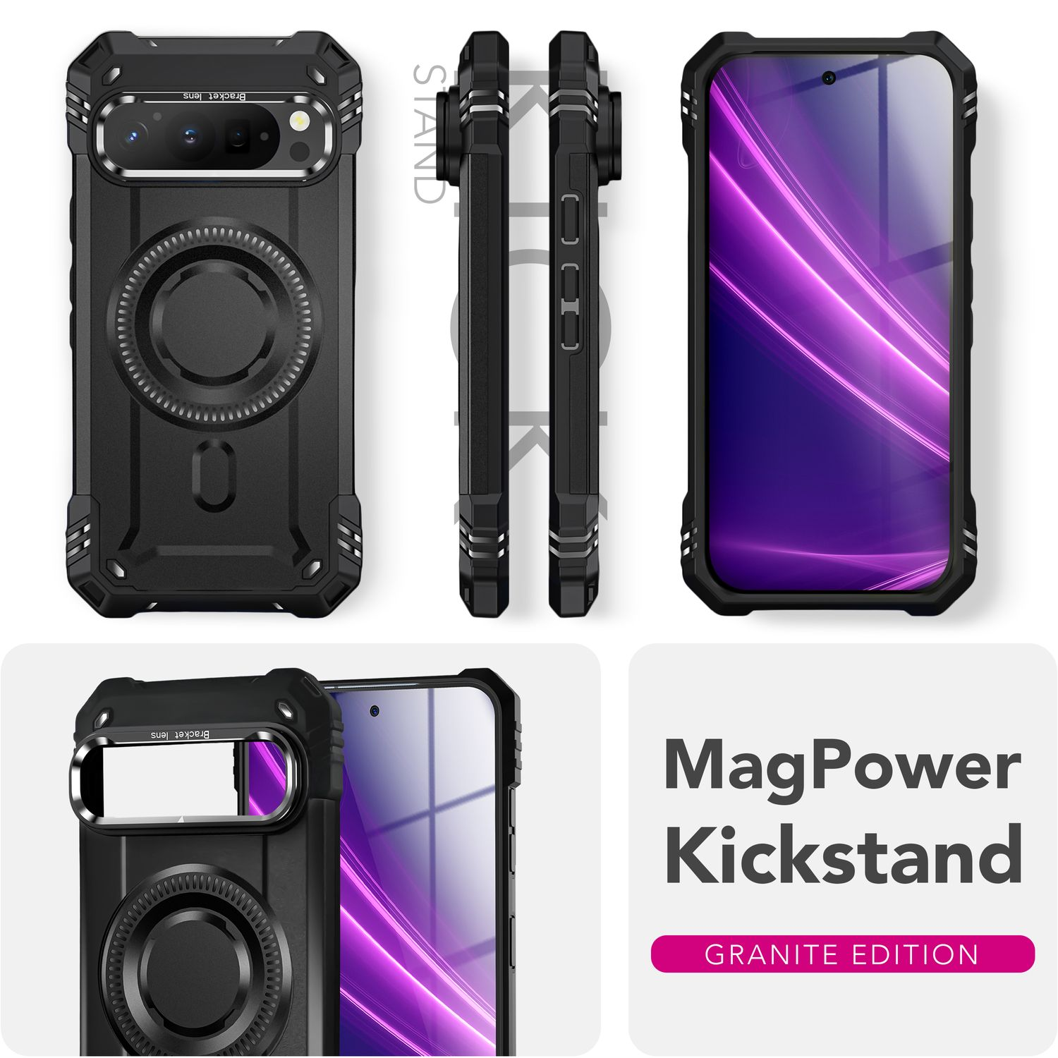 Diverse viste di una custodia per telefono nera con un cavalletto. La custodia ha una funzione di cavalletto MagPower.