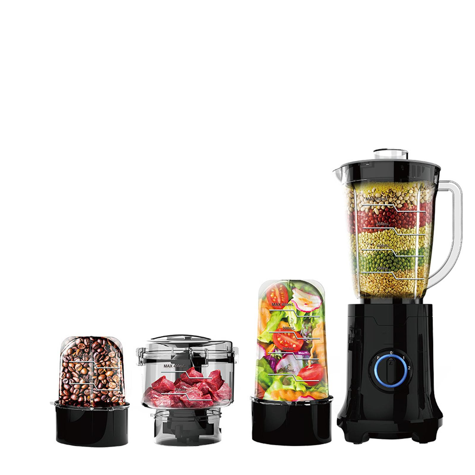 Ein Mixer mit vier Behältern, die jeweils mit verschiedenen Zutaten gefüllt sind. Der Mixer ist schwarz.
