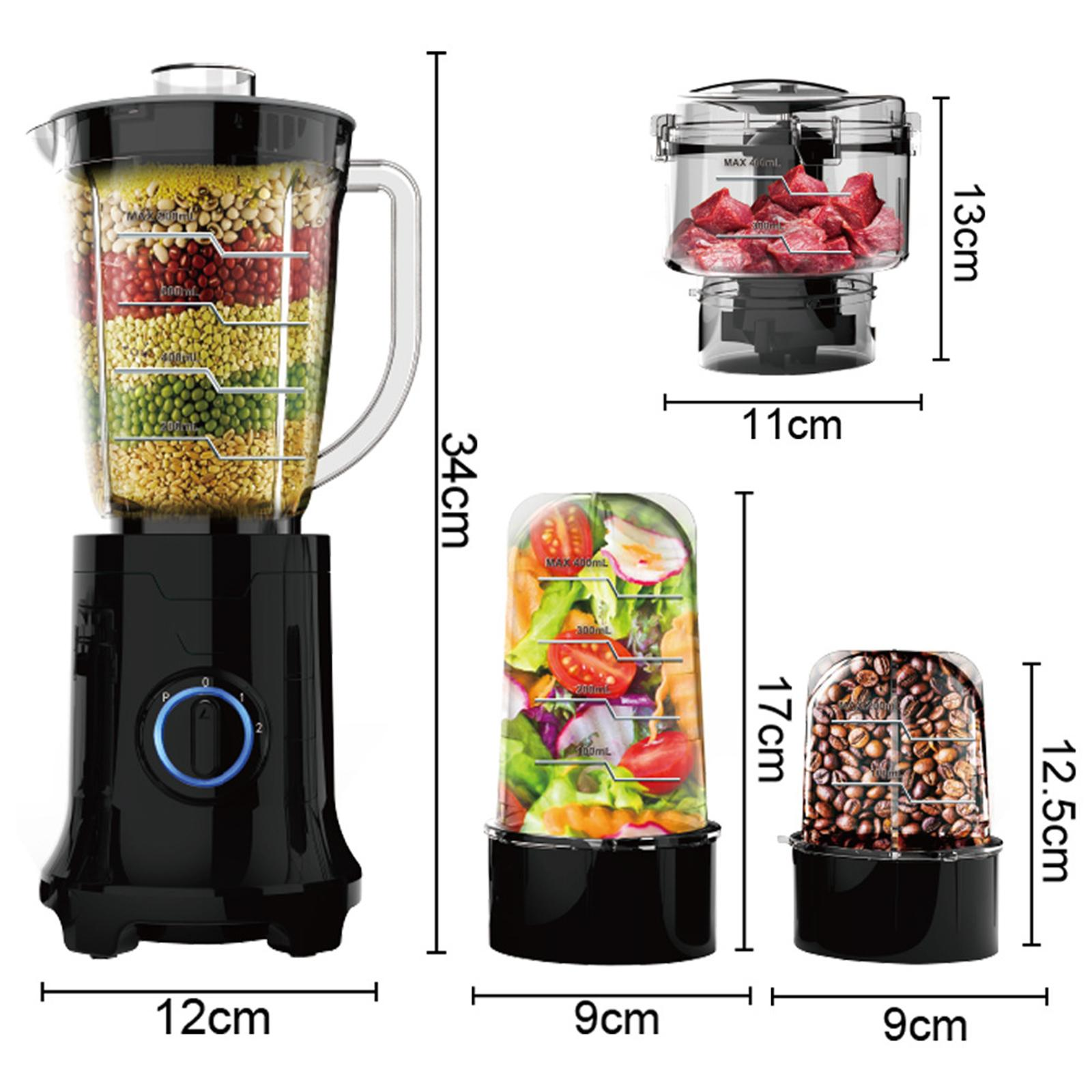 Ein Mixer mit mehreren Behältern. Der Mixer ist schwarz mit einem transparenten Behälter, der Zutaten zeigt.