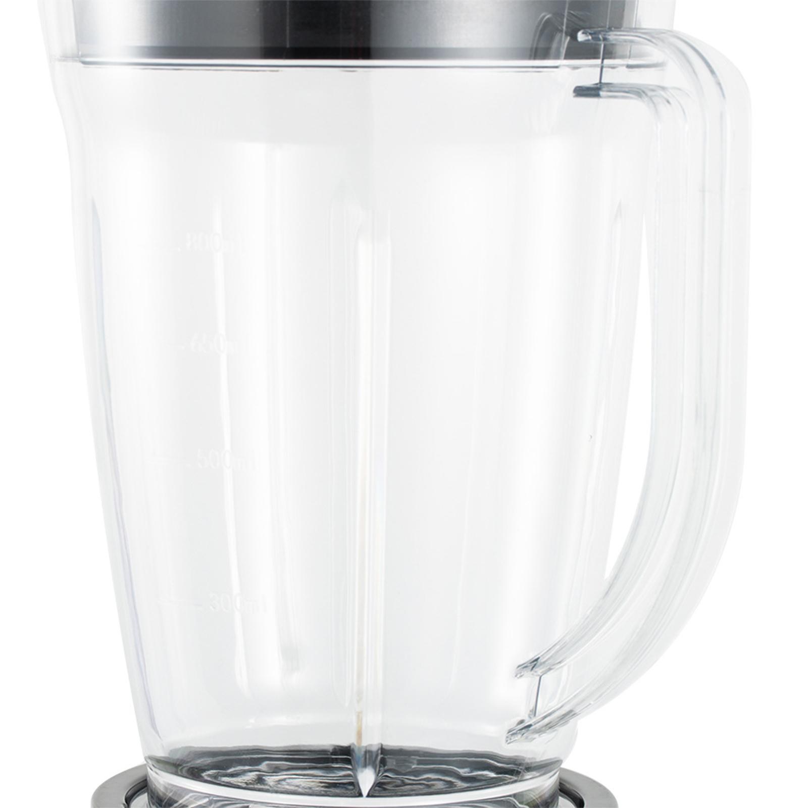 Transparenter Mixer-Krug mit Messungen. Der Krug hat einen Griff und einen schwarzen Deckel. Er steht auf weißem Hintergrund.