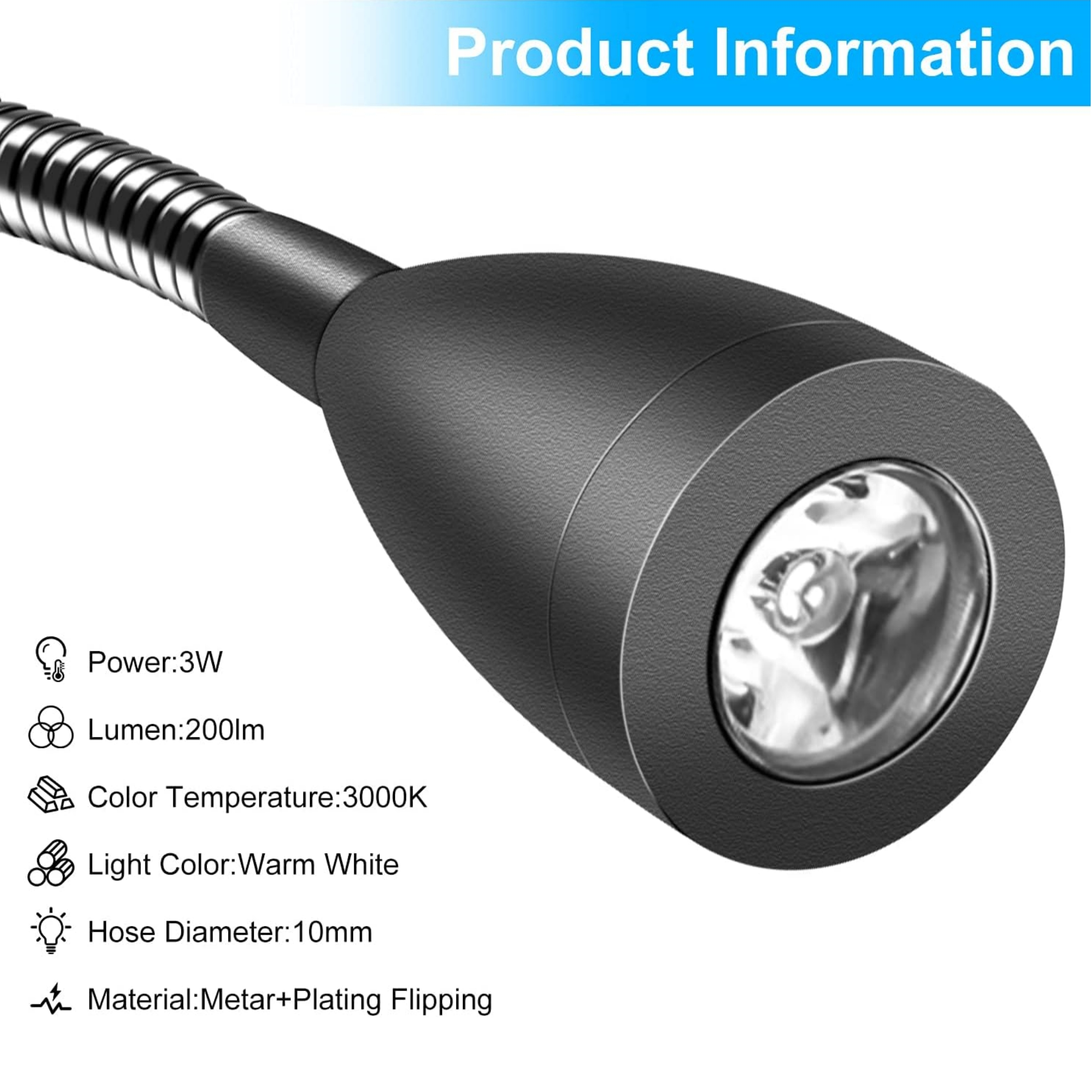Nahaufnahme einer schwarzen Lampe mit Text, der Leistung, Lumen, Farbtemperatur, Lichtfarbe und Schlauchdurchmesser beschreibt.