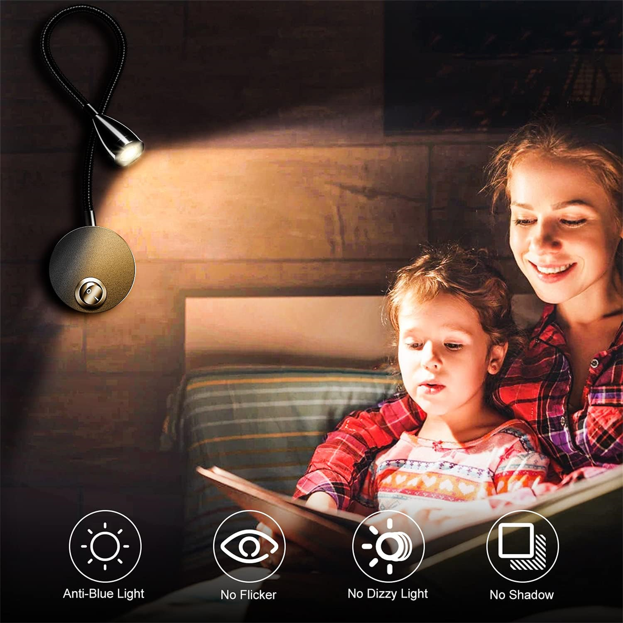 Ein Mädchen und eine Frau lesen an einer Nachttischlampe. Die Lampe hat Anti-Blaulicht, kein Flimmern und keine Schattenmerkmale.