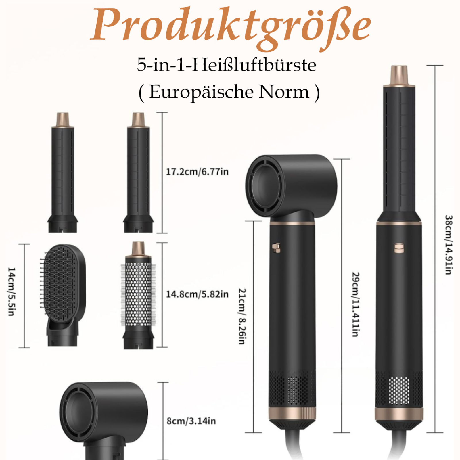 Diagramm eines Haarstyling-Werkzeugs mit seinen Teilen und Abmessungen. Das Werkzeug enthält mehrere Aufsätze.