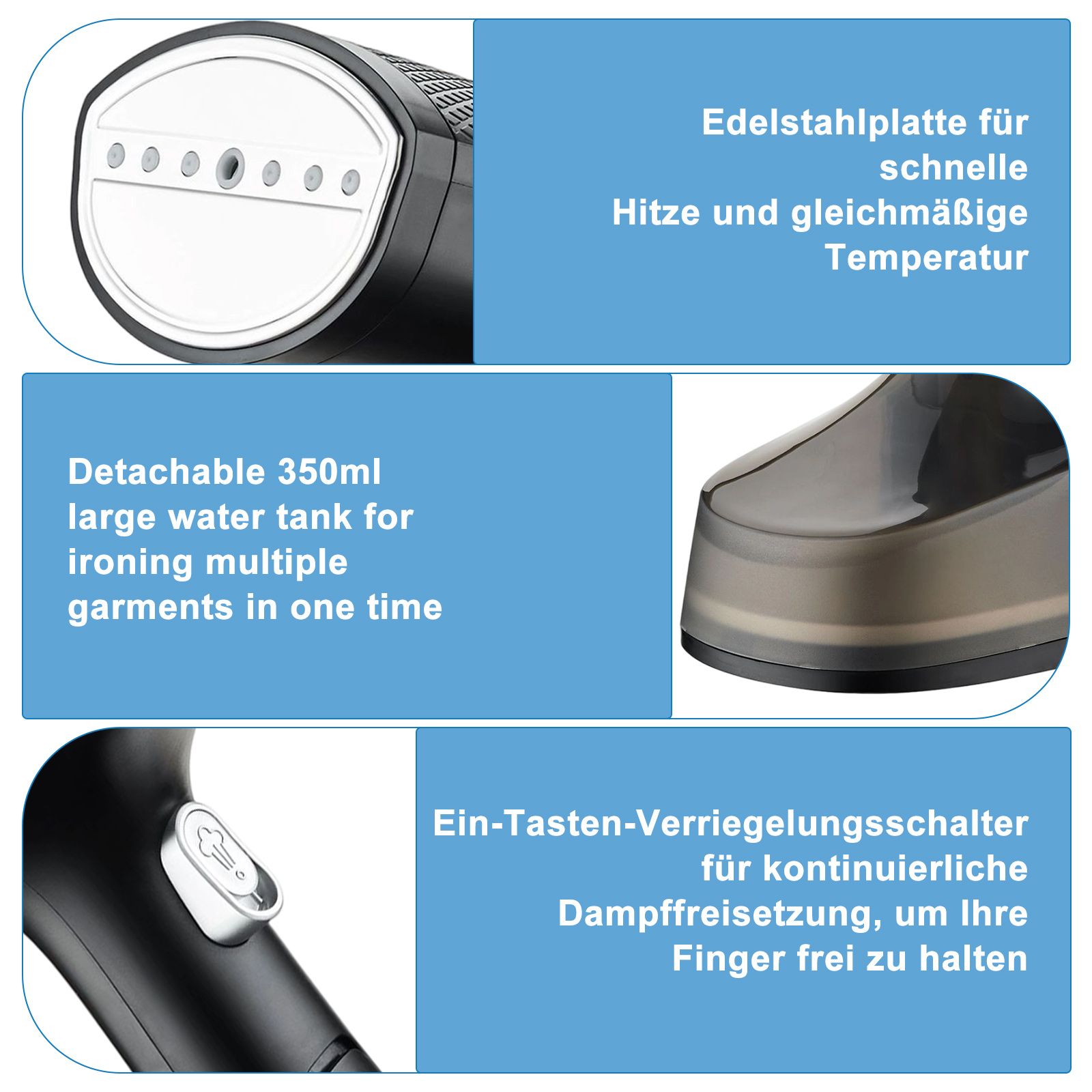 Details eines Kleidungsdampfers. Zeigt die Edelstahlplatte, den Wassertank und den Verriegelungsschalter.