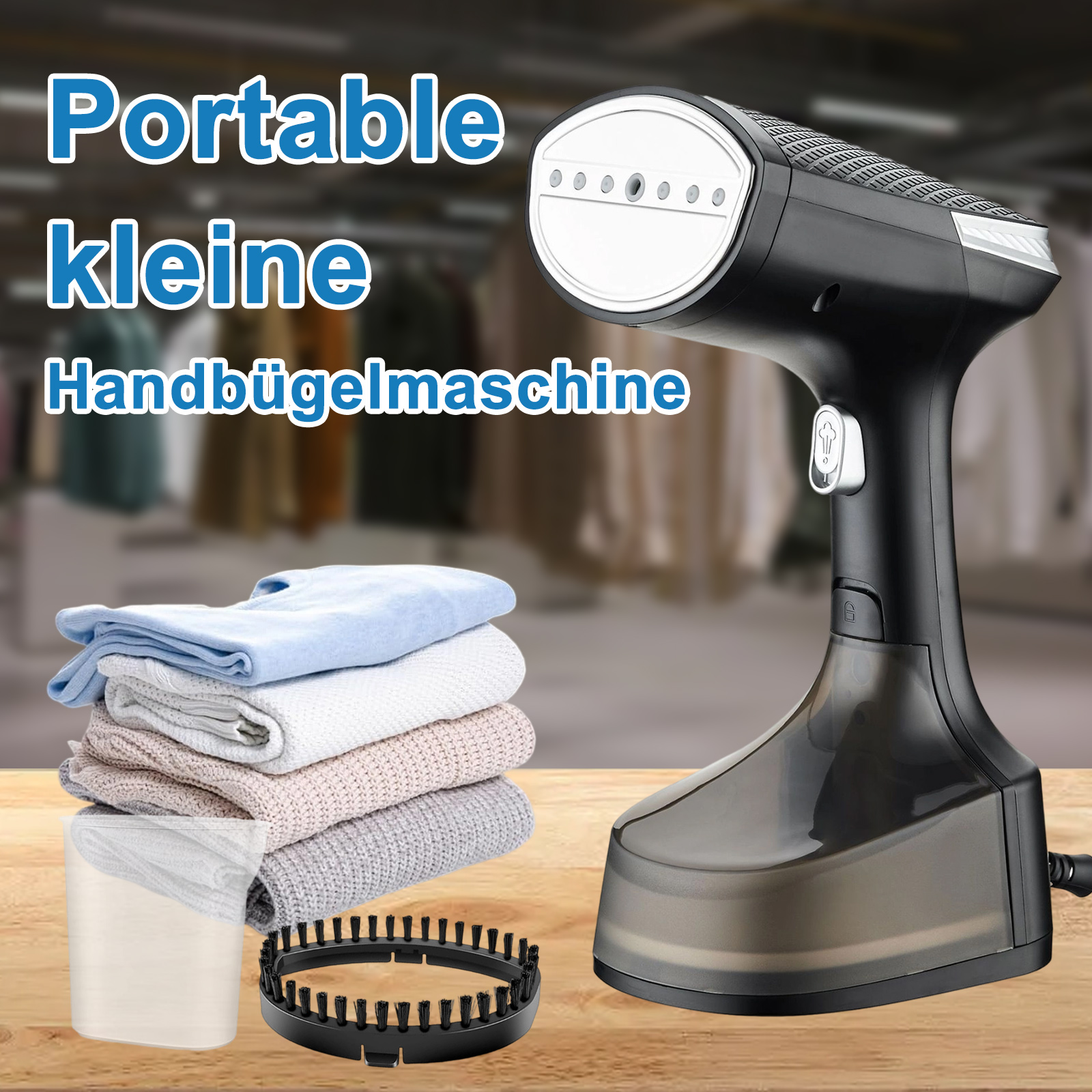 Ein schwarzer Handdampfgarer mit Kleidung und Zubehör. Der Text lautet 'Portable Kleiner Handbügelmaschine'.