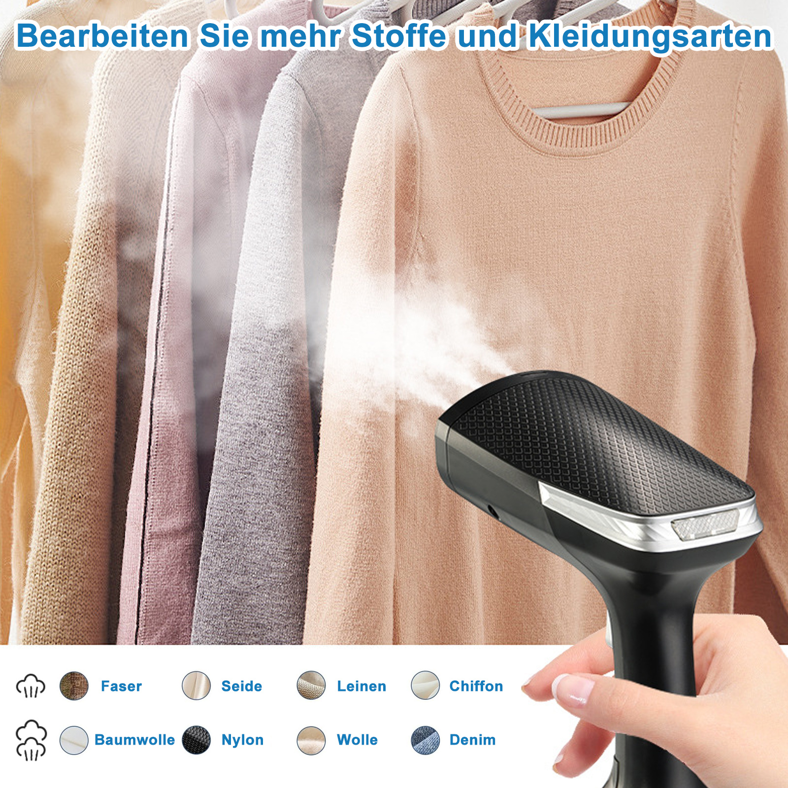 Ein Handdampfer dämpft Kleidung. Verschiedene Stoffarten werden gezeigt. Eine Hand hält den Dampfer.