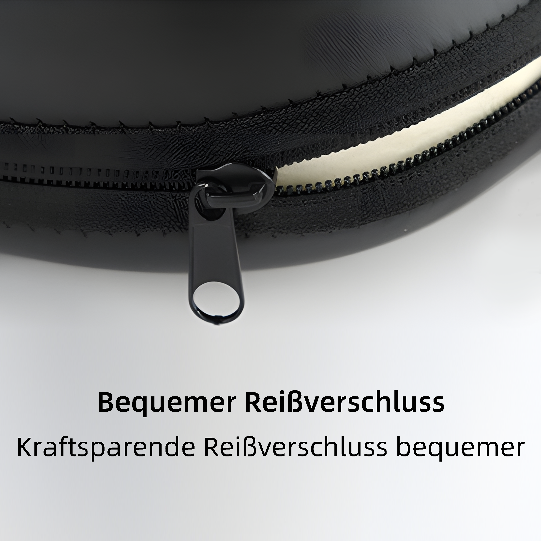 Nahaufnahme eines schwarzen Reißverschlusses und eines Teils einer schwarzen Tasche. Der Hintergrund ist weiß.