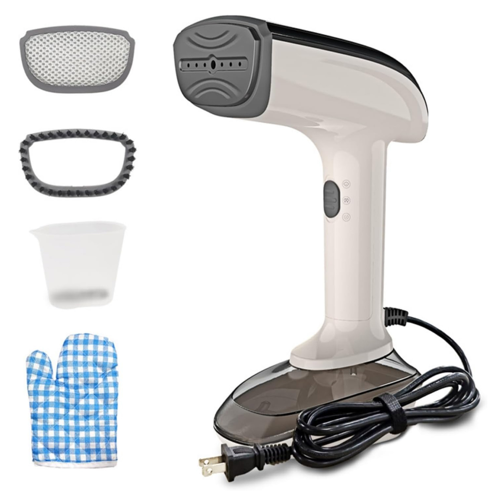 Ein weißer Handdampfer mit Zubehör: Bürste, Pad, Messbecher und Handschuh.