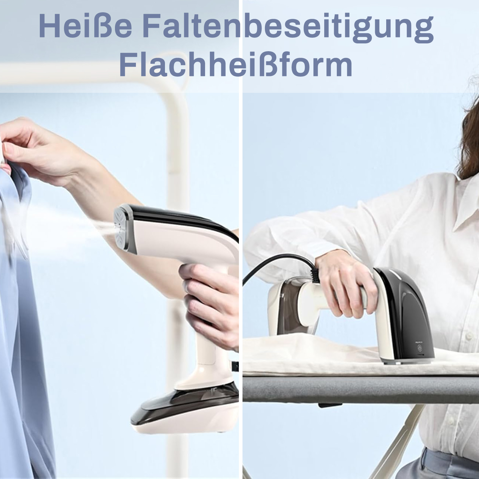 Zwei Bilder: eine Person, die ein Hemd dämpft, und eine Person, die auf einem Tisch bügelt. Text: 'Heiße Faltenbeseitigung'.