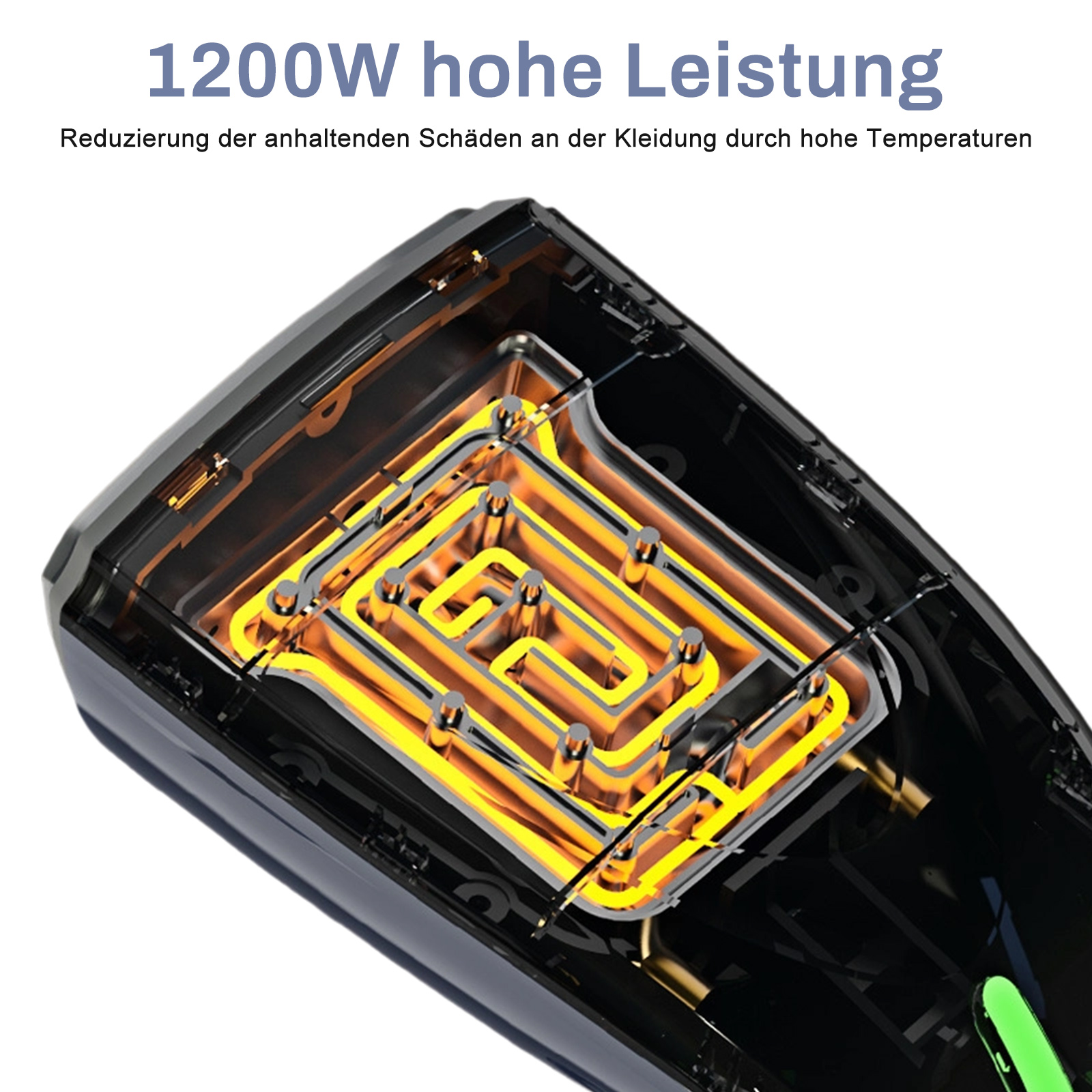 Nahaufnahme des Inneren eines schwarzen Kleidungsdampfers mit gelbem Heizelement. Text: '1200W hohe Leistung'.
