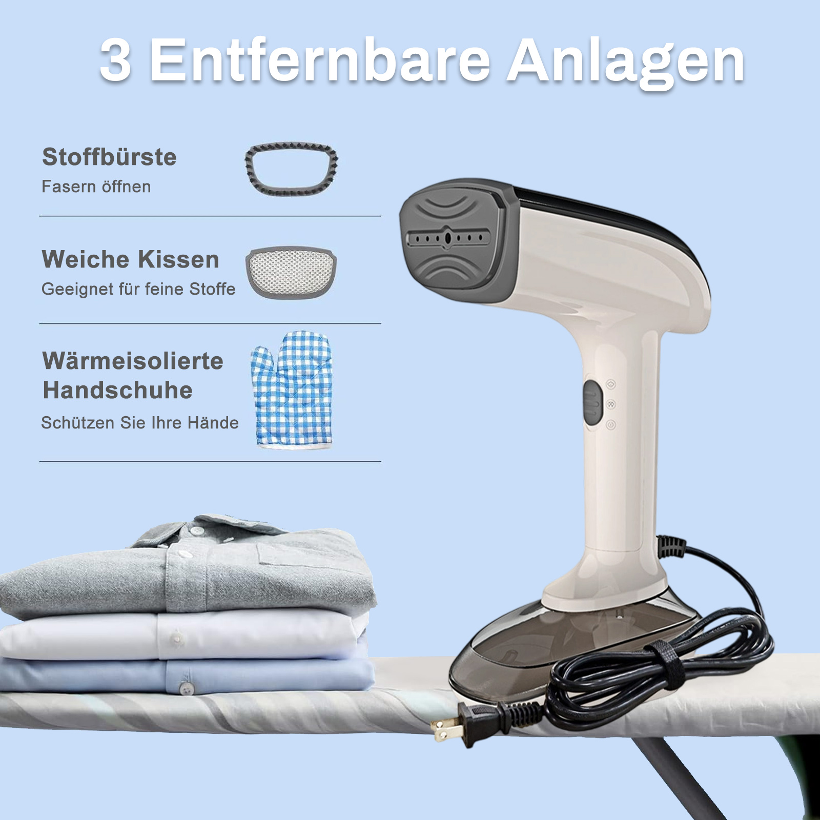 Ein weißer Handdampfer mit drei Aufsätzen. Zubehör sind Bürste und Handschuh.
