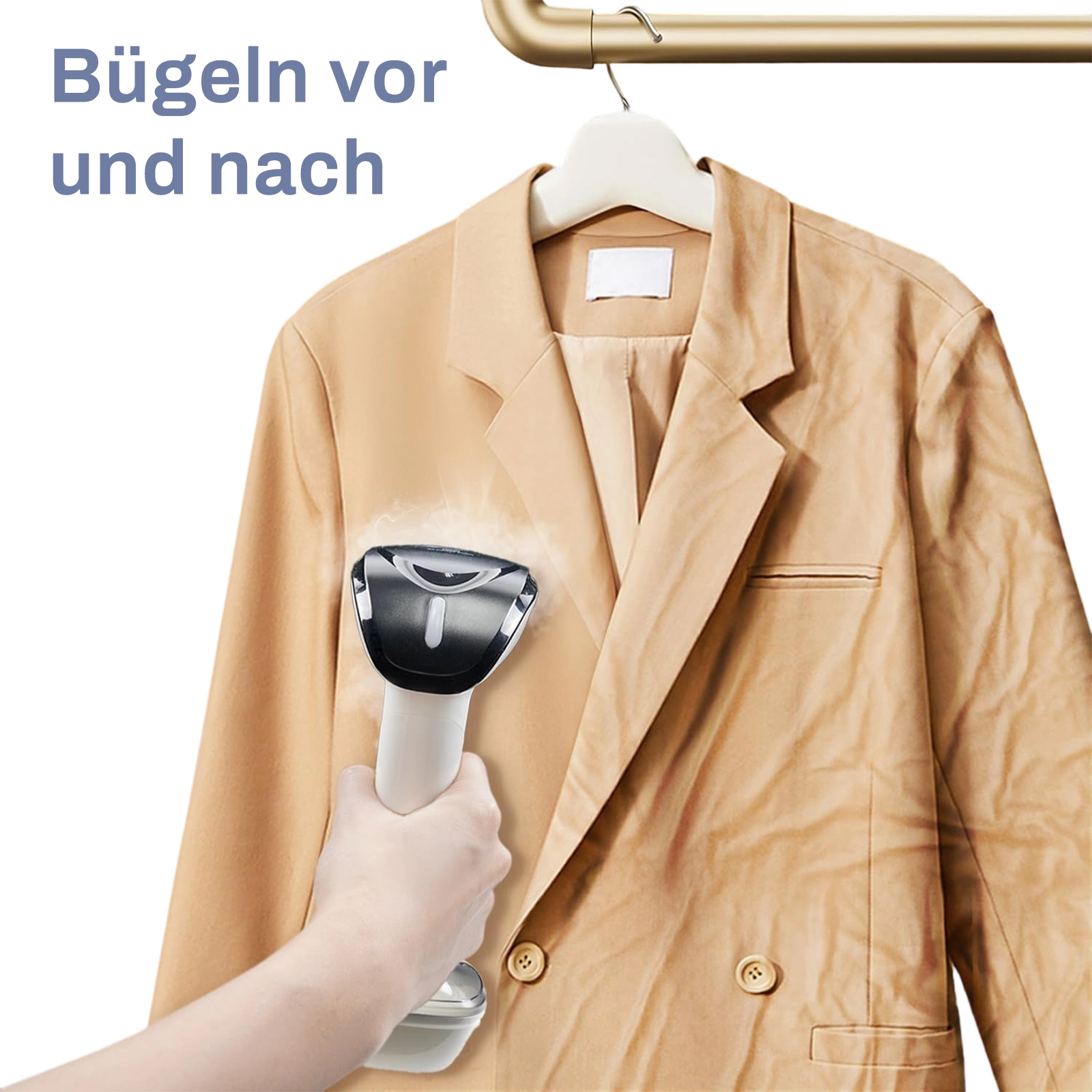 Eine Hand dämpft einen beigen Blazer an einem Kleiderbügel. Text links: 'Bügeln vor und nach'.