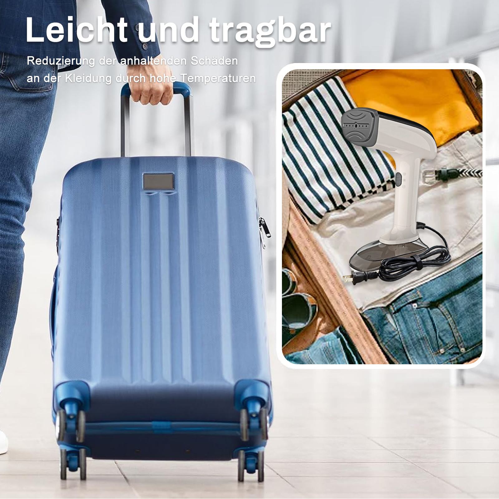 Eine Person mit blauem Koffer und Dampfer im Koffer. Text: 'Leicht und tragbar'.