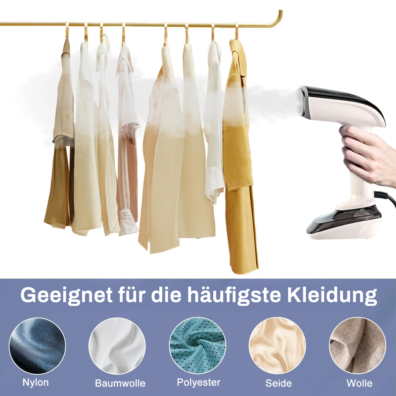 Kleidung hängt auf einem Gestell und eine Person dämpft sie. Text unten zeigt Stoffarten.