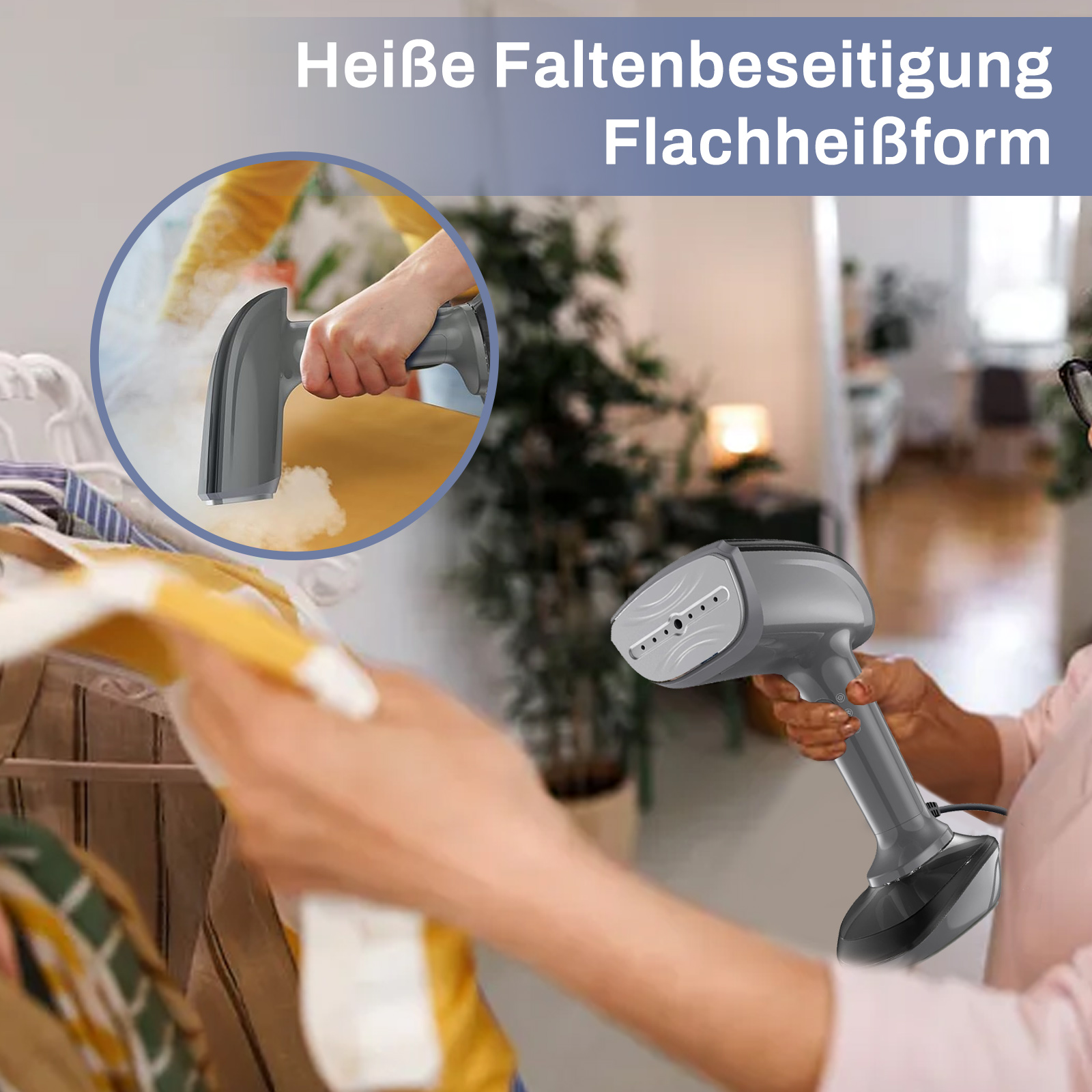 Eine Frau benutzt einen grauen Handdampfer, aus dem Dampf kommt. Ein weiteres Bild zeigt den Dampfer im Nahaufnahme.