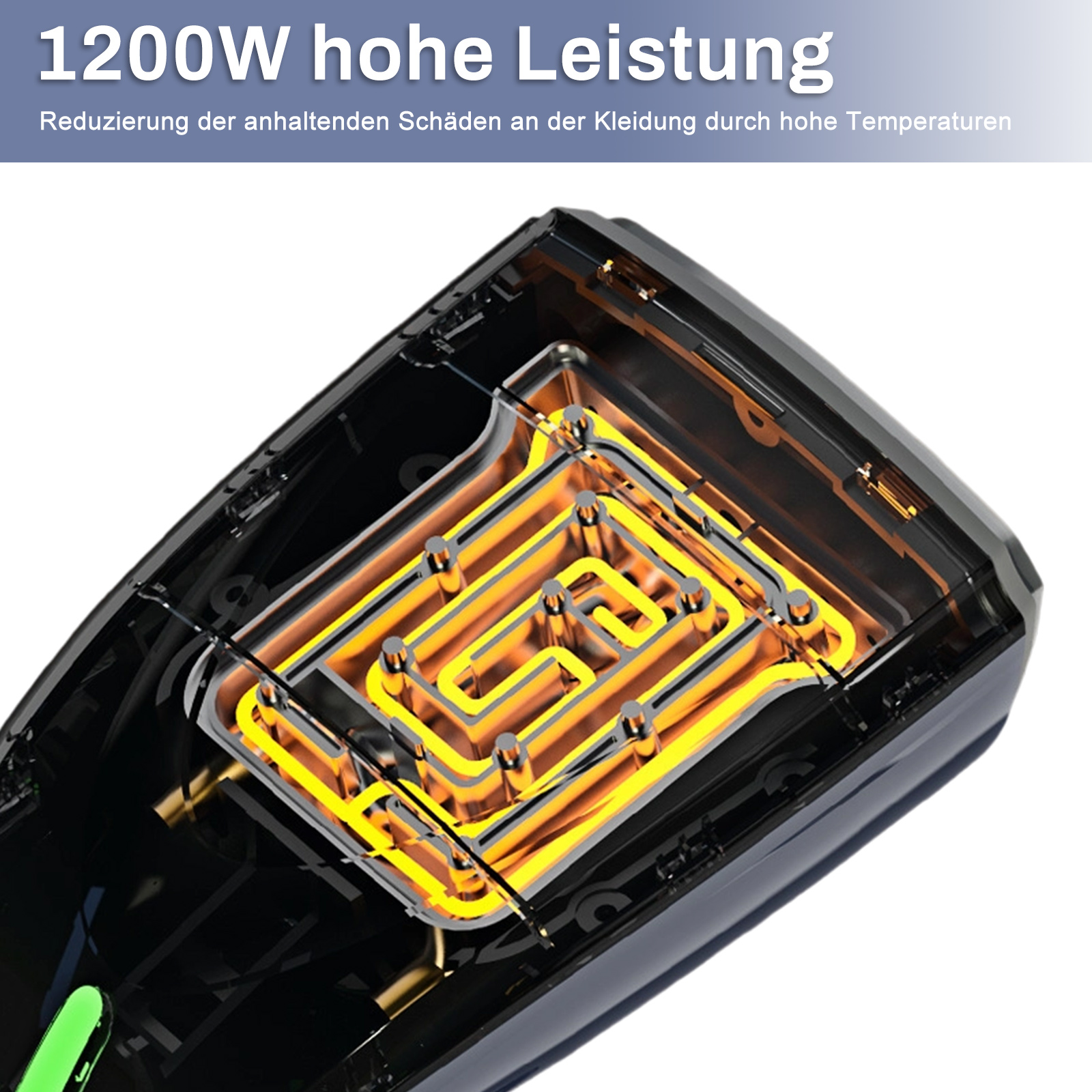 Nahaufnahme des Heizelements eines Dampfbügeleisens. Gelbe Spulen in einem schwarzen Gehäuse, grünes Detail.