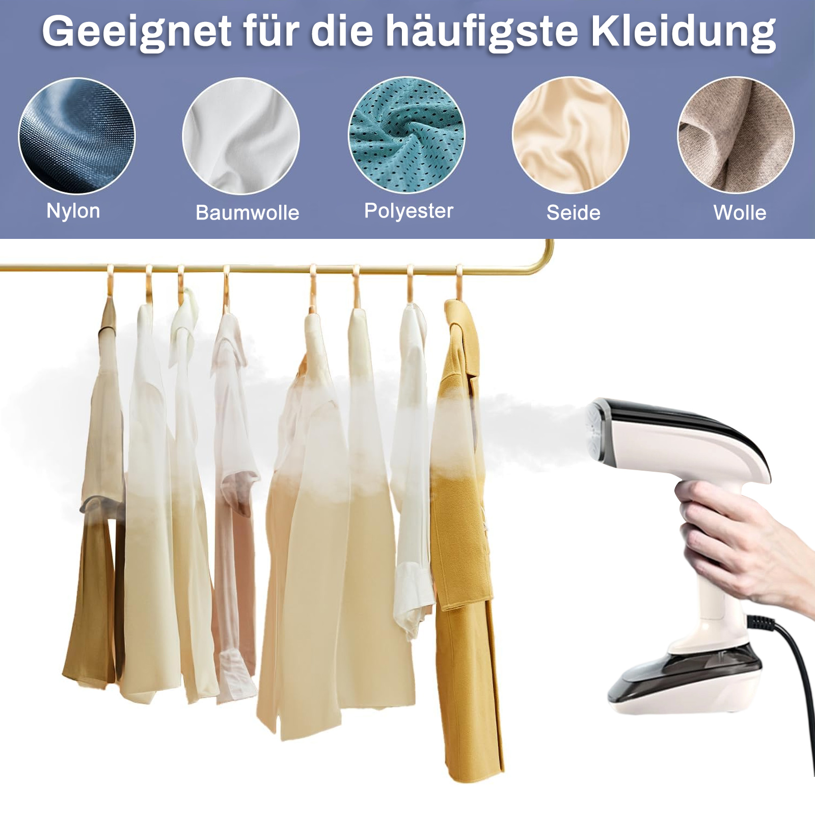 Kleidung hängt auf einem Gestell, Dampfbügeleisen in Gebrauch. Verschiedene Stoffe werden dargestellt. Weißer Hintergrund.