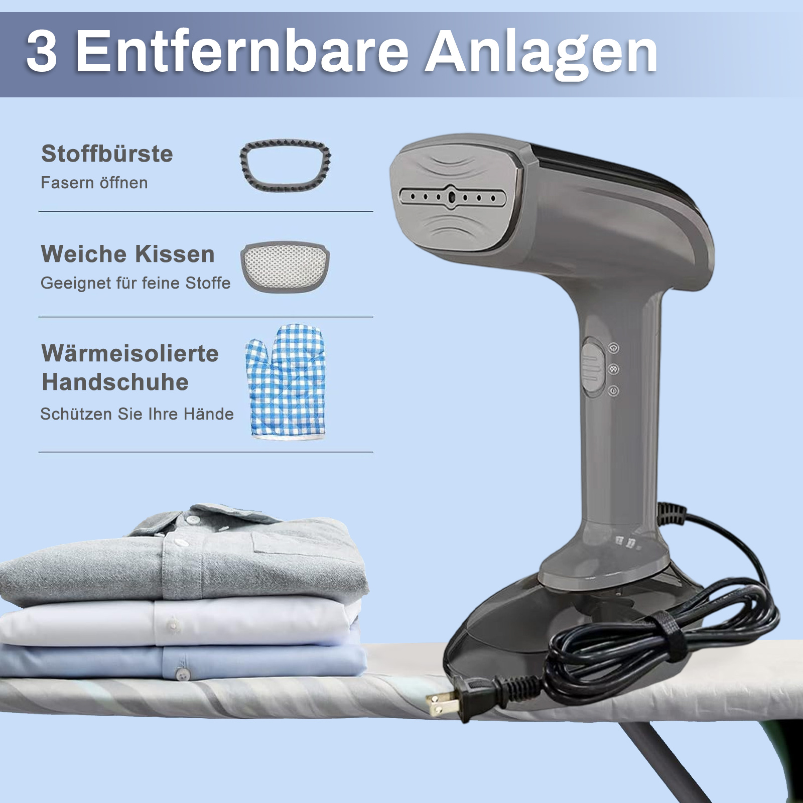 Dampfbügeleisen mit Zubehör: Stoffbürste, kleine Platte und hitzebeständiger Handschuh. Hemd auf einem Tisch.