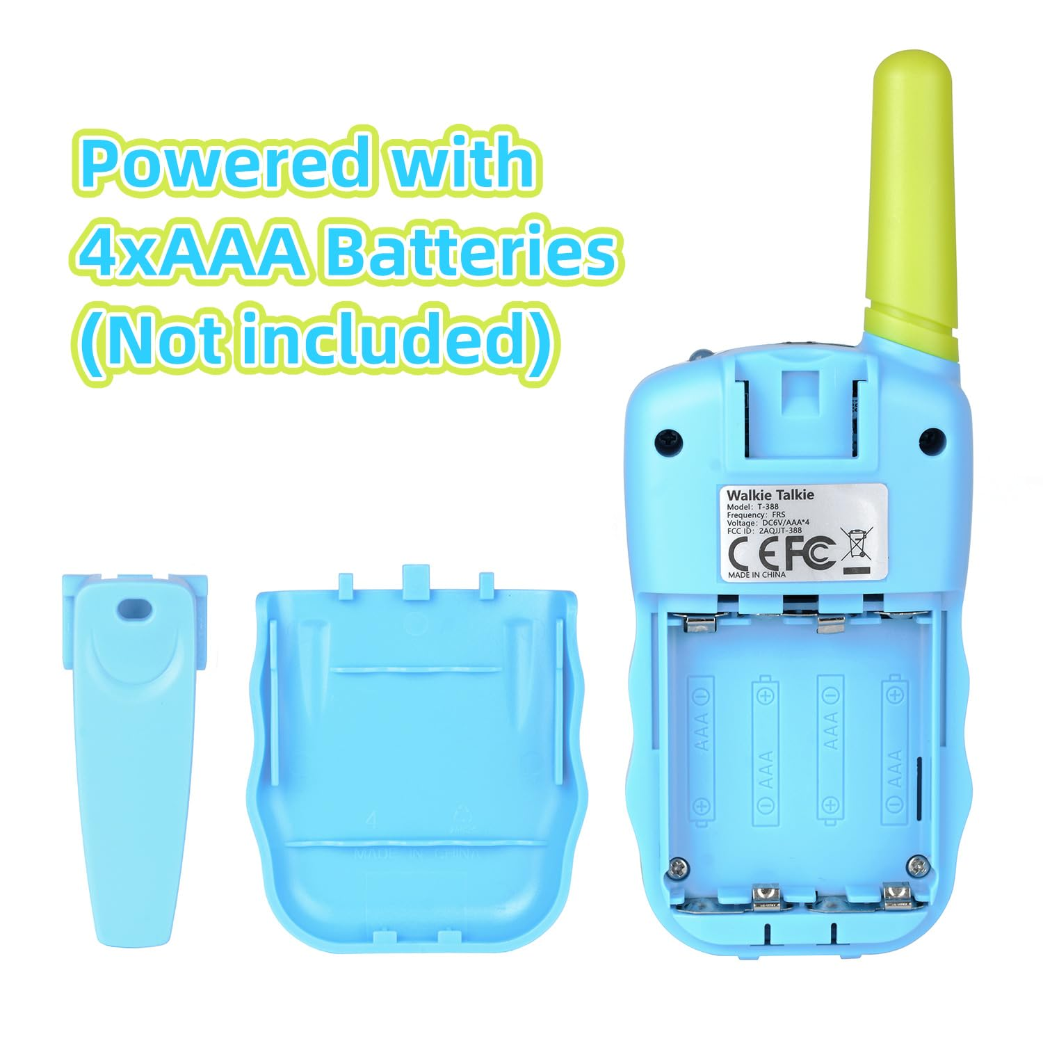 Walkie-Talkie zerlegt, zeigt das Batteriefach. Blauer Kunststoff.