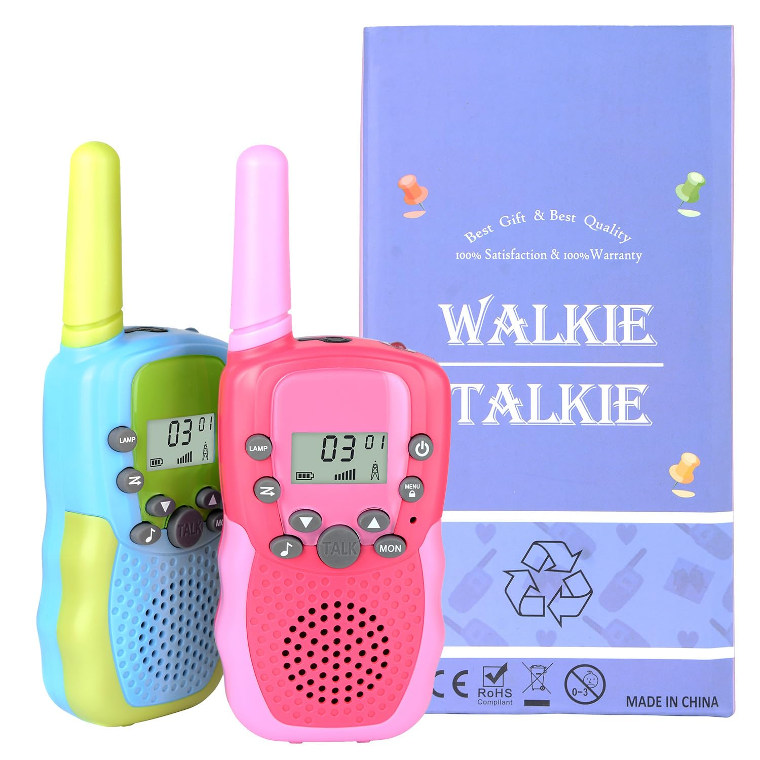 Zwei Walkie-Talkies und eine Box mit dem Text WALKIE TALKIE. Blau und rosa.
