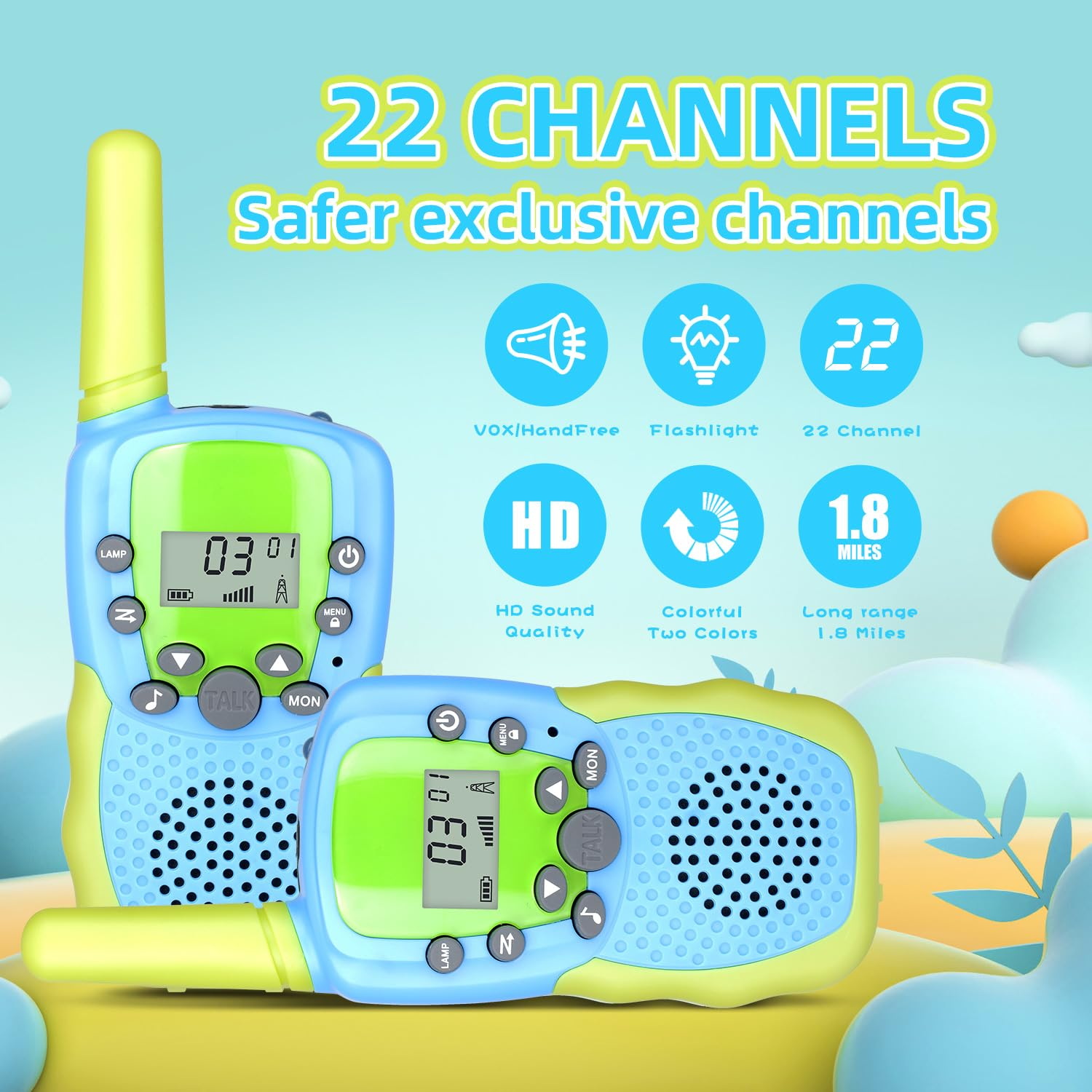 Zwei Walkie-Talkies mit Digitalanzeigen, Symbolen und Text über Kanäle und Reichweite.