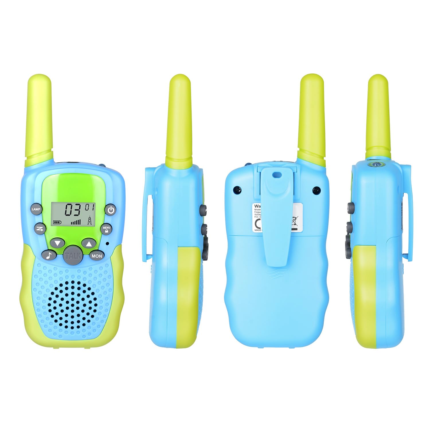 Vier Walkie-Talkies, Seiten- und Frontansicht, blau und gelb, mit Digitalanzeige.