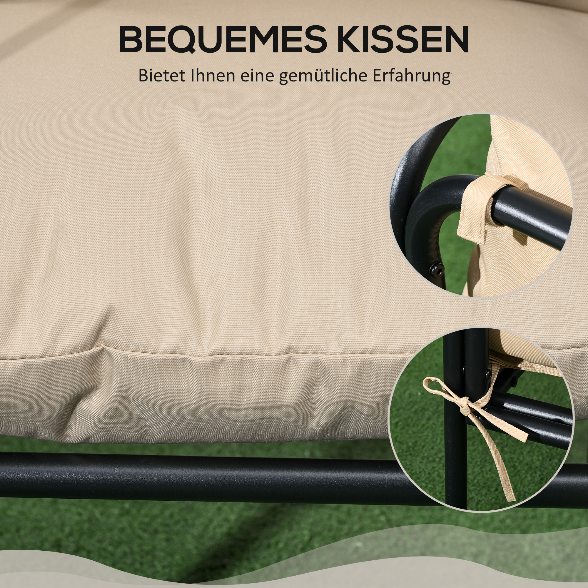 Nahaufnahme des beigen Kissens und seiner Details. Schwarzer Rahmen.