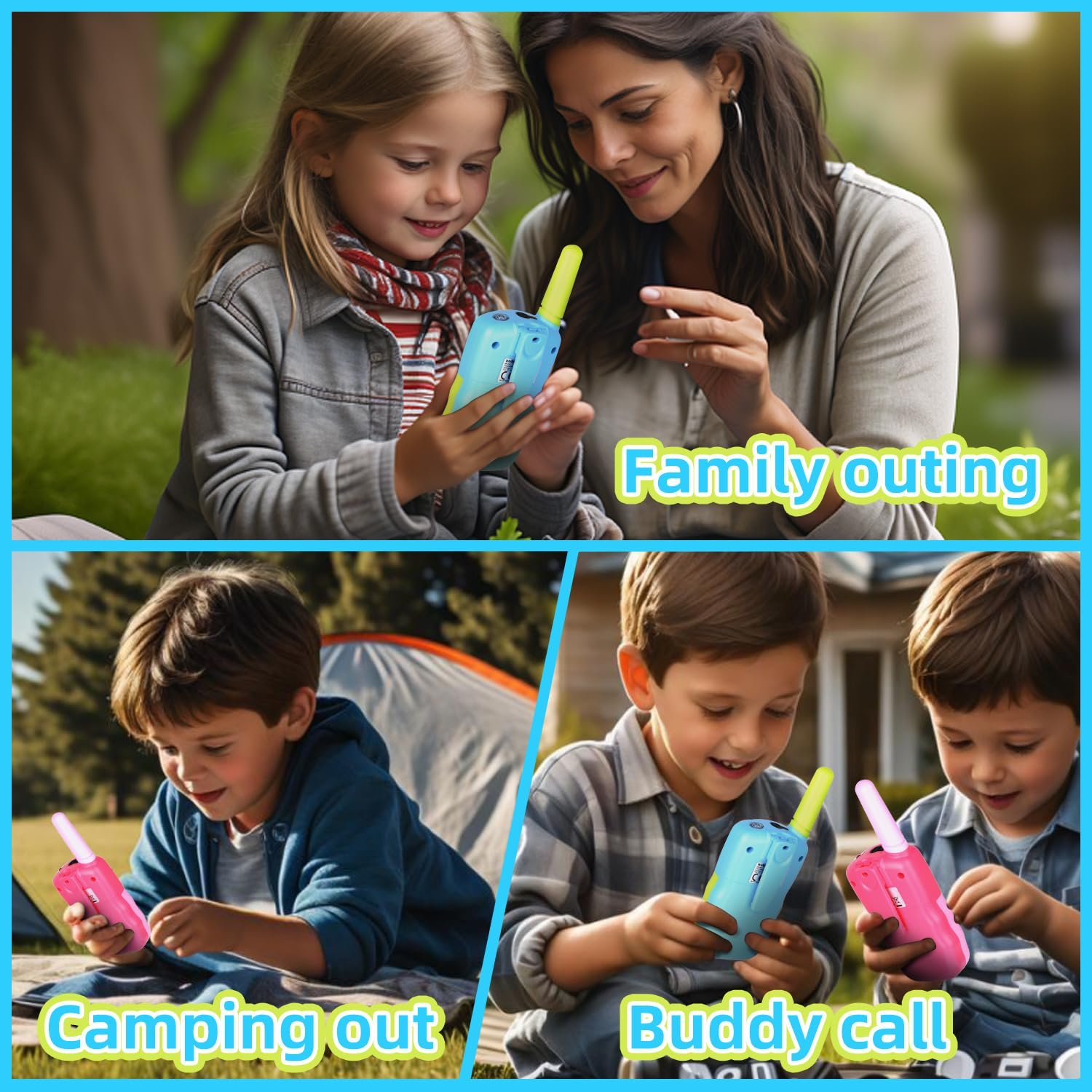 Mehrere Szenen von Kindern und Erwachsenen, die Walkie-Talkies in verschiedenen Umgebungen im Freien benutzen.
