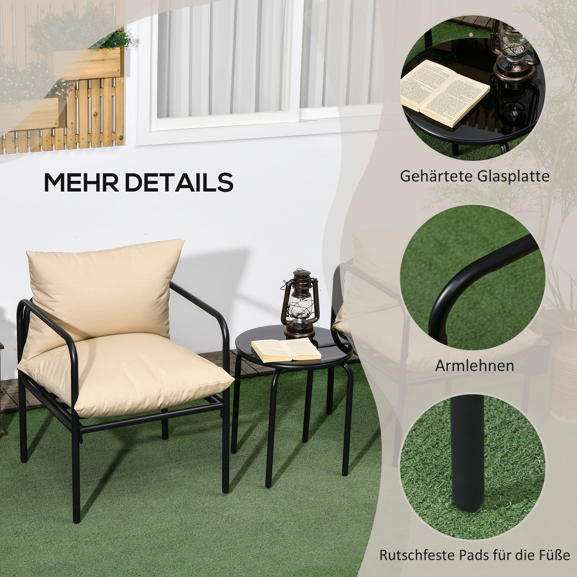 Szene im Freien mit Stuhl, Tisch und Details. Grüner Teppich und weiße Wand.