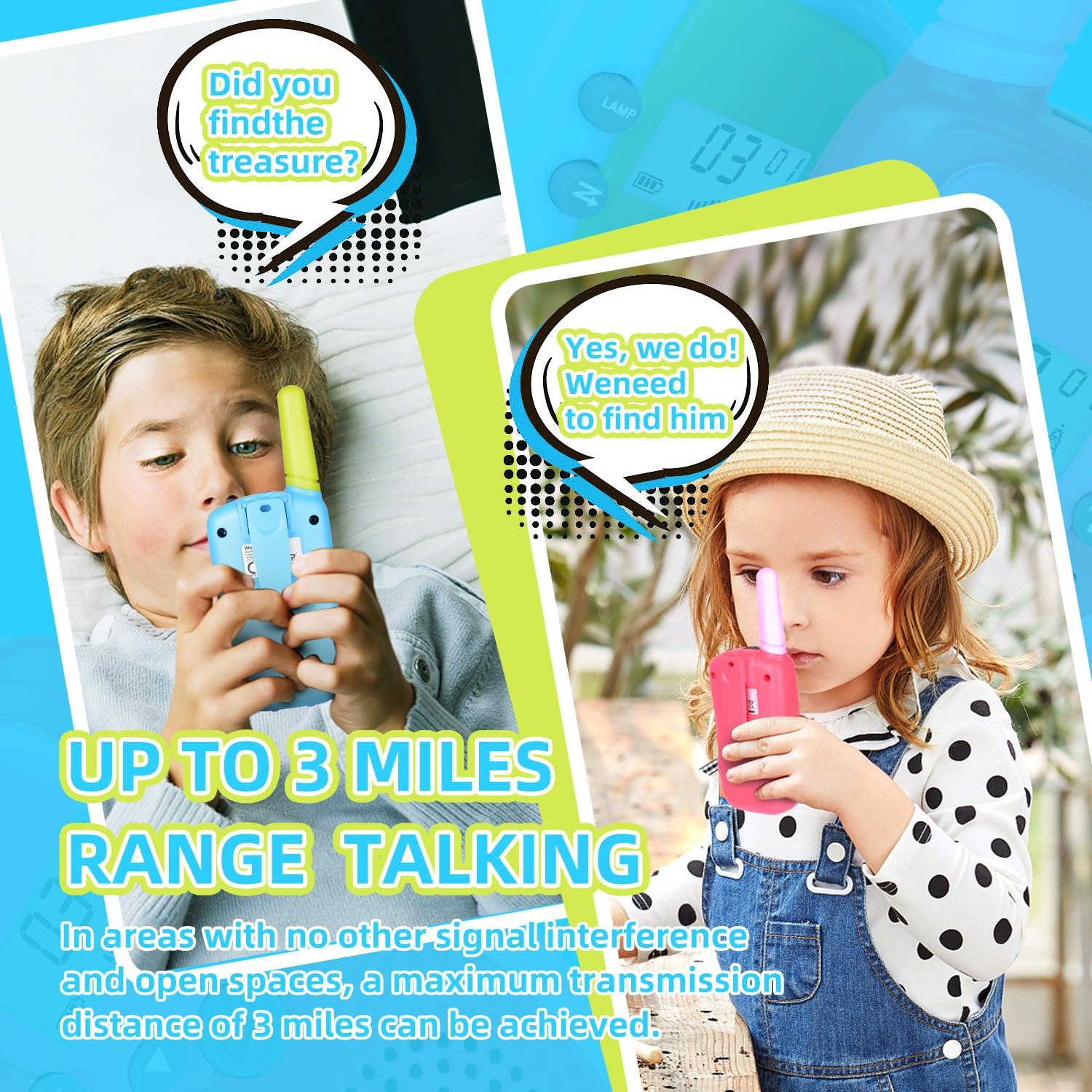 Zwei Kinder mit Walkie-Talkies in einer Blasenszene mit Text über Reichweite und Aktivitäten.