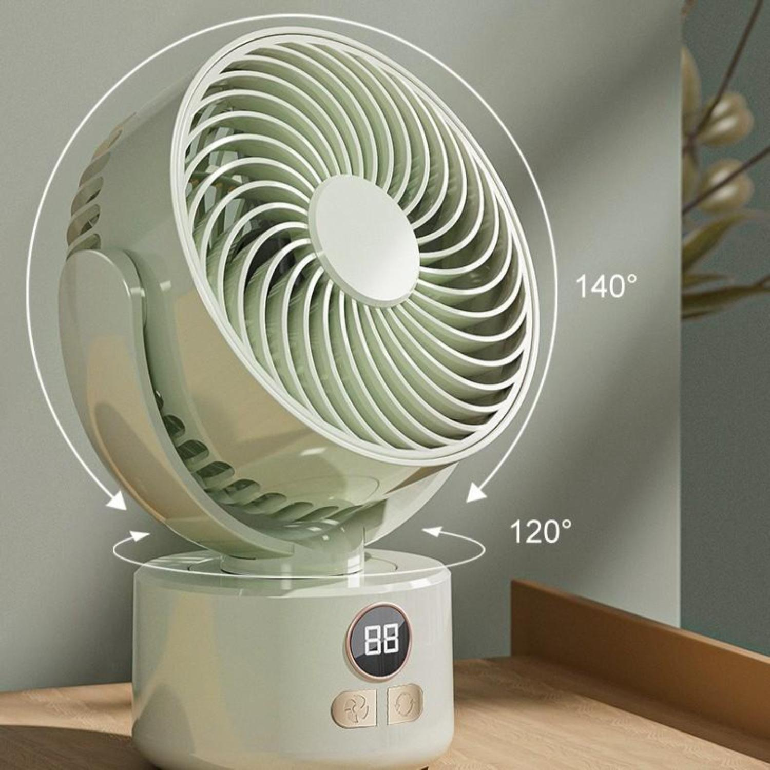 Ein mintgrüner Tischventilator mit Digitalanzeige, einstellbaren Winkeln und weißer Mitte.
