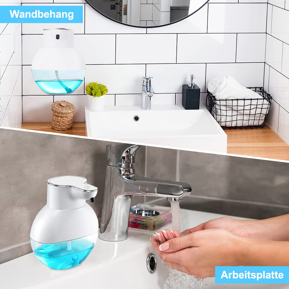Badezimmer mit Seifenspender. Ein Bild zeigt den Spender an der Wand, das andere auf dem Tresen mit Händen.