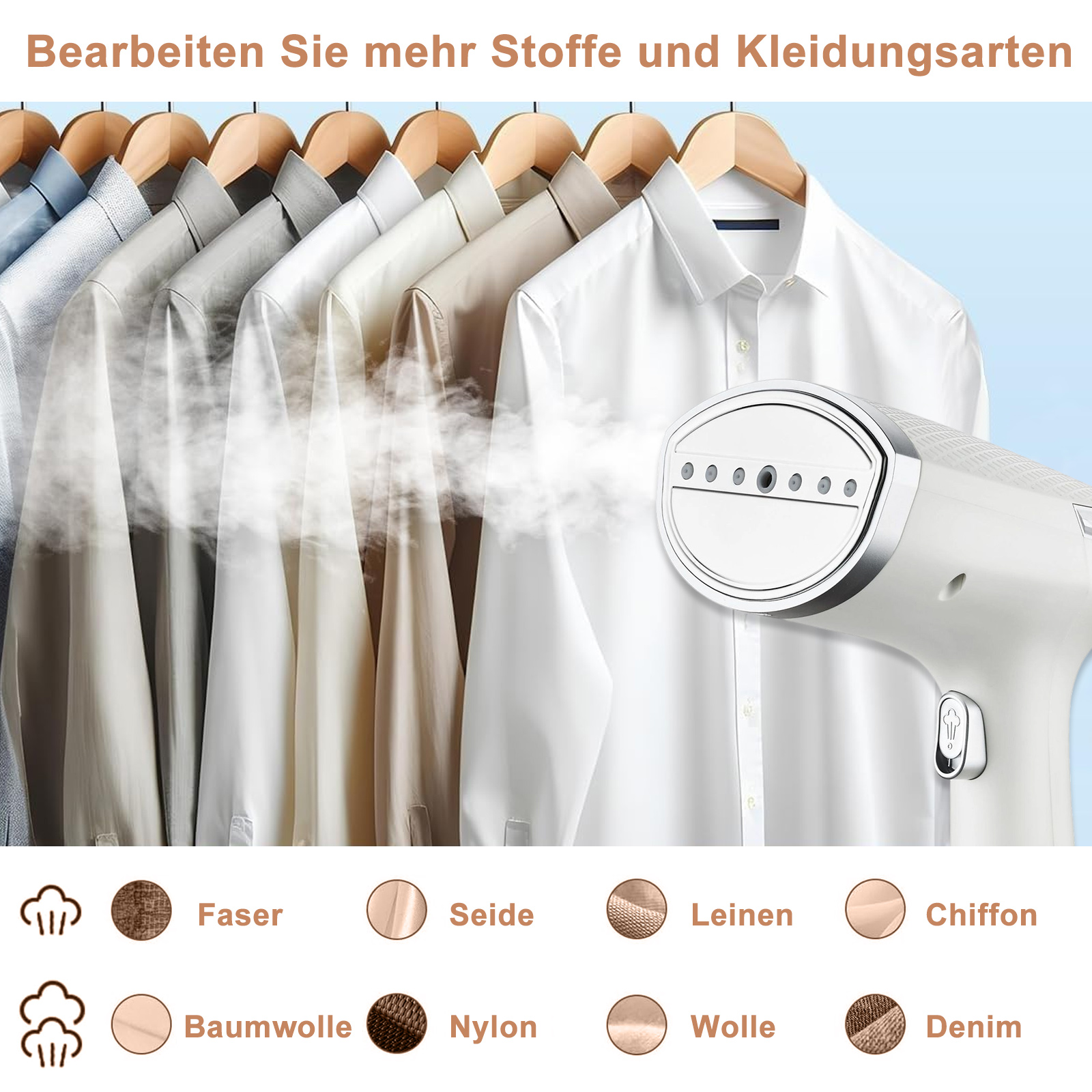 Ein weißer Kleidungsdampfer, der verschiedene Kleidungsstücke bedampft. Verschiedene Stoffe sind unter dem Bild aufgeführt.