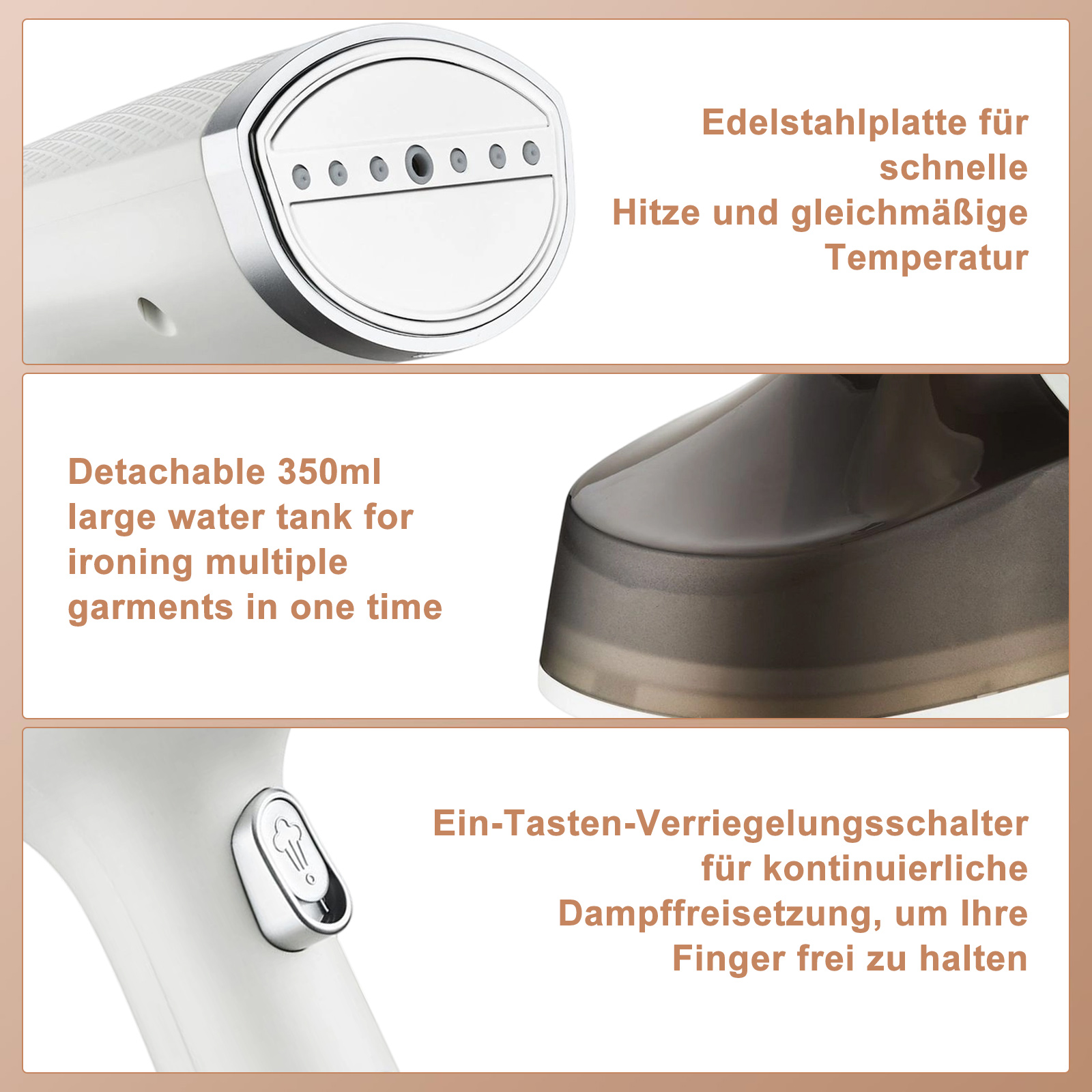 Nahaufnahme eines weißen Kleidungsdampfers mit Details zu Platte, Wassertank und Knopf.