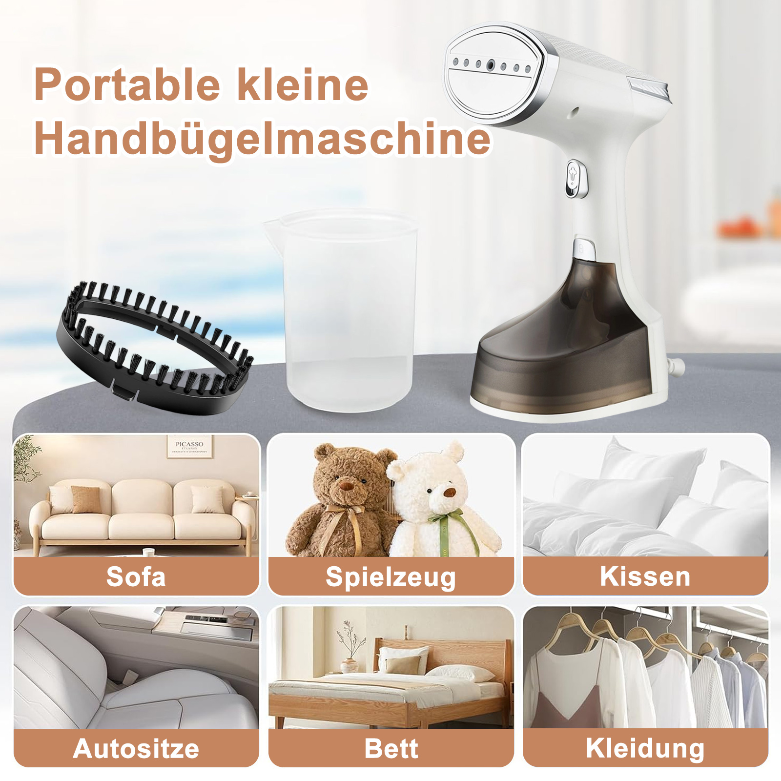 Ein tragbarer weißer Kleidungsdampfer mit verschiedenen Artikeln: Sofa, Spielzeug, Kissen, Autositz, Bett und Kleidung.