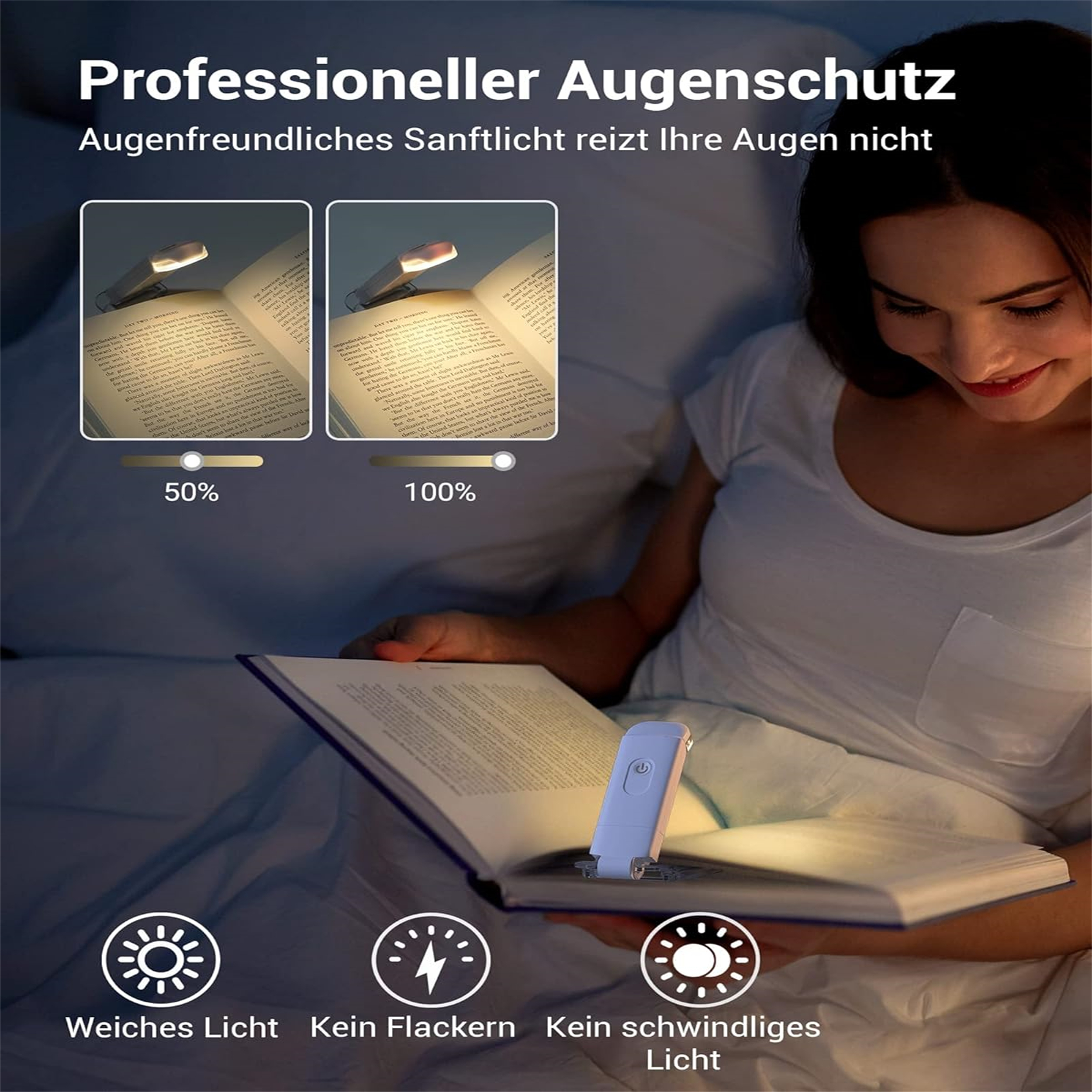 Eine Frau liest ein Buch mit einer Leselampe. Das Bild zeigt zwei Lichtintensitätseinstellungen.